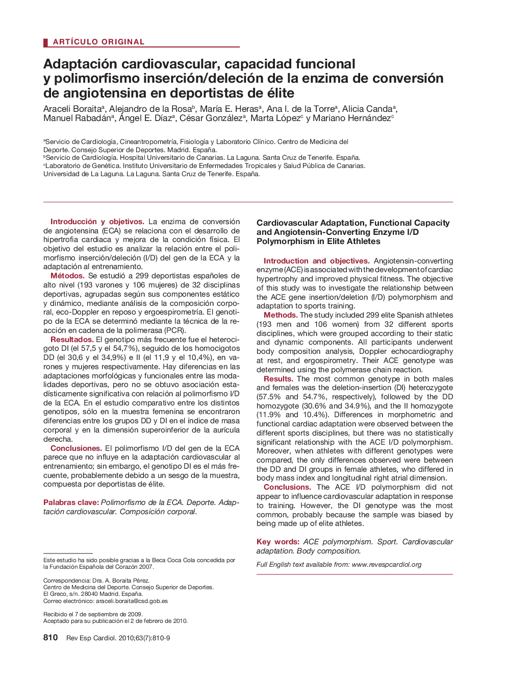 Adaptación cardiovascular, capacidad funcional y polimorfismo inserción/deleción de la enzima de conversión de angiotensina en deportistas de élite