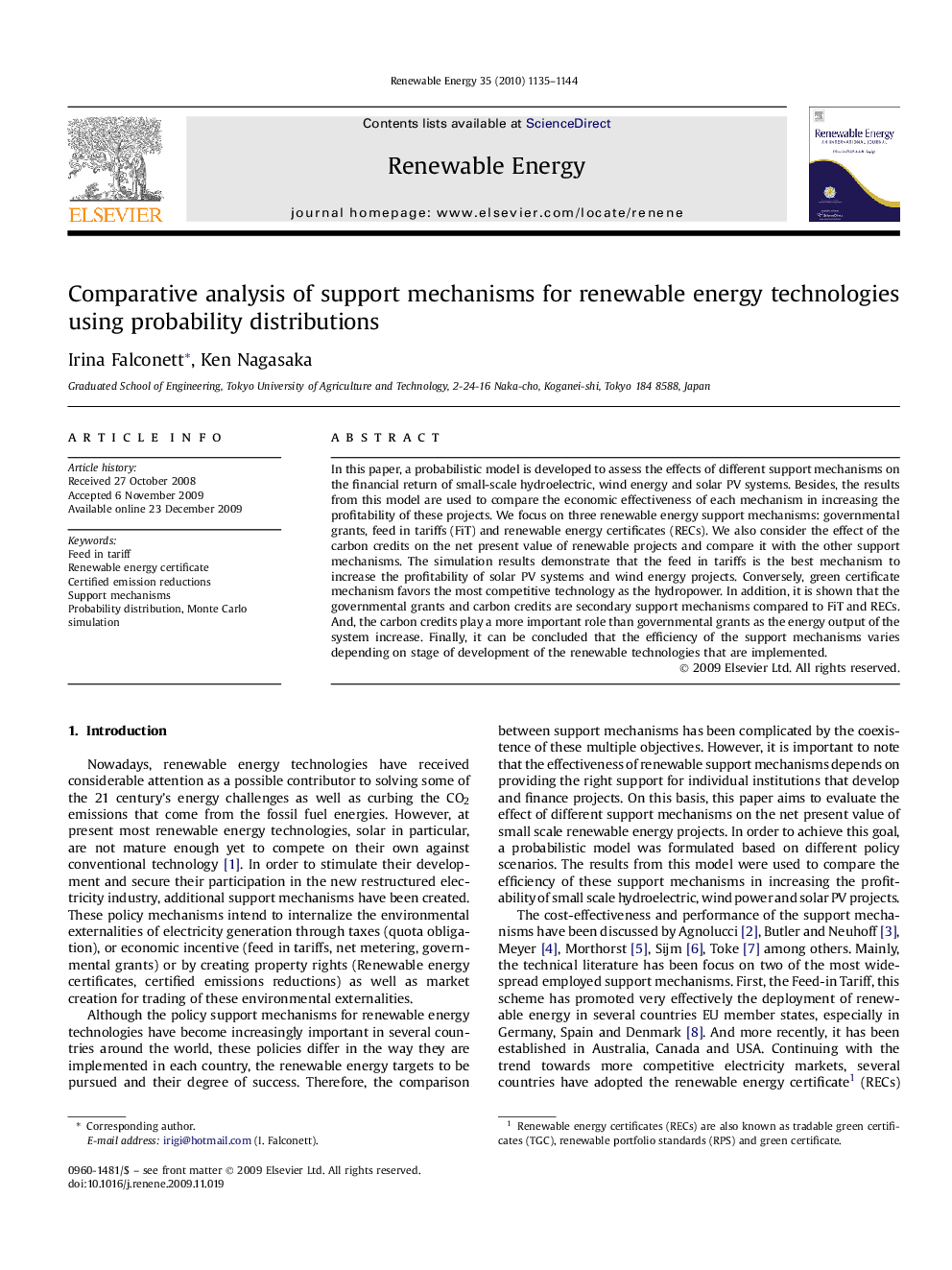 Comparative analysis of support mechanisms for renewable energy technologies using probability distributions