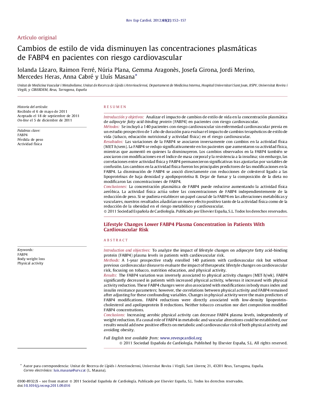 Cambios de estilo de vida disminuyen las concentraciones plasmáticas de FABP4 en pacientes con riesgo cardiovascular