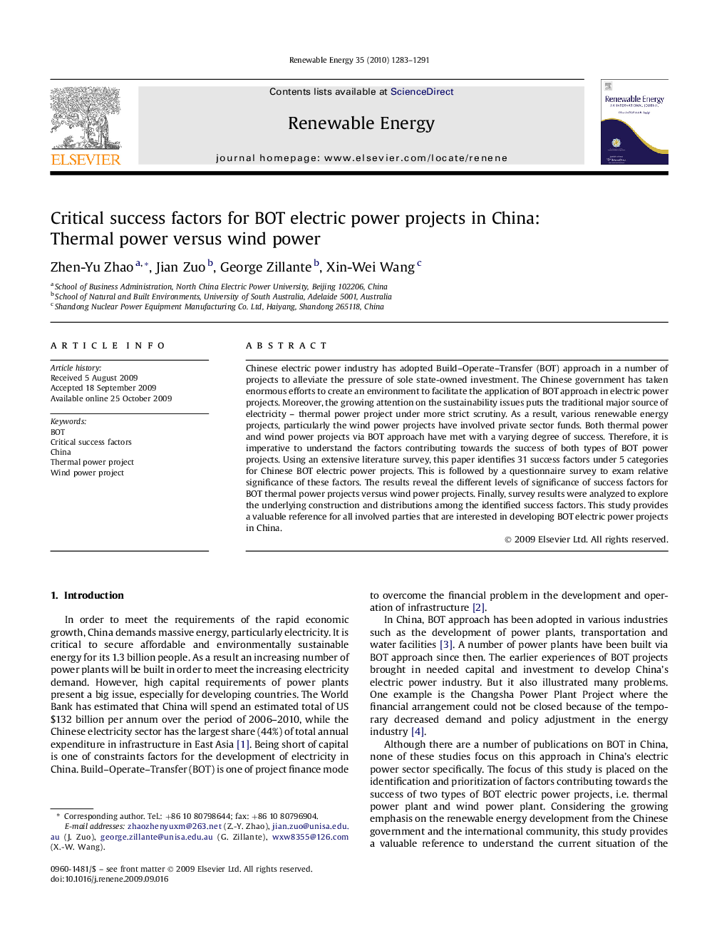 Critical success factors for BOT electric power projects in China: Thermal power versus wind power