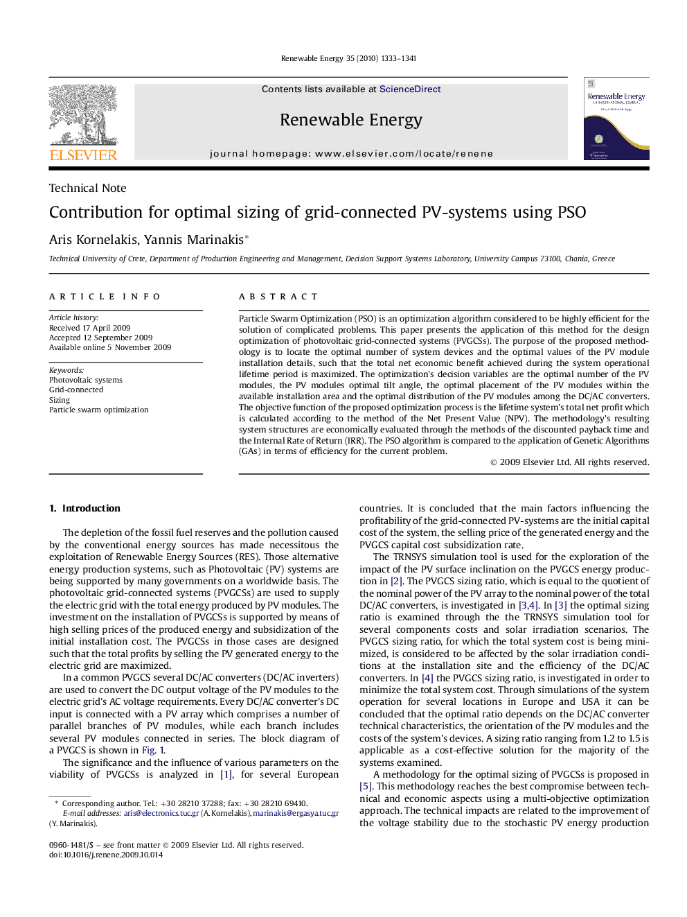 Contribution for optimal sizing of grid-connected PV-systems using PSO