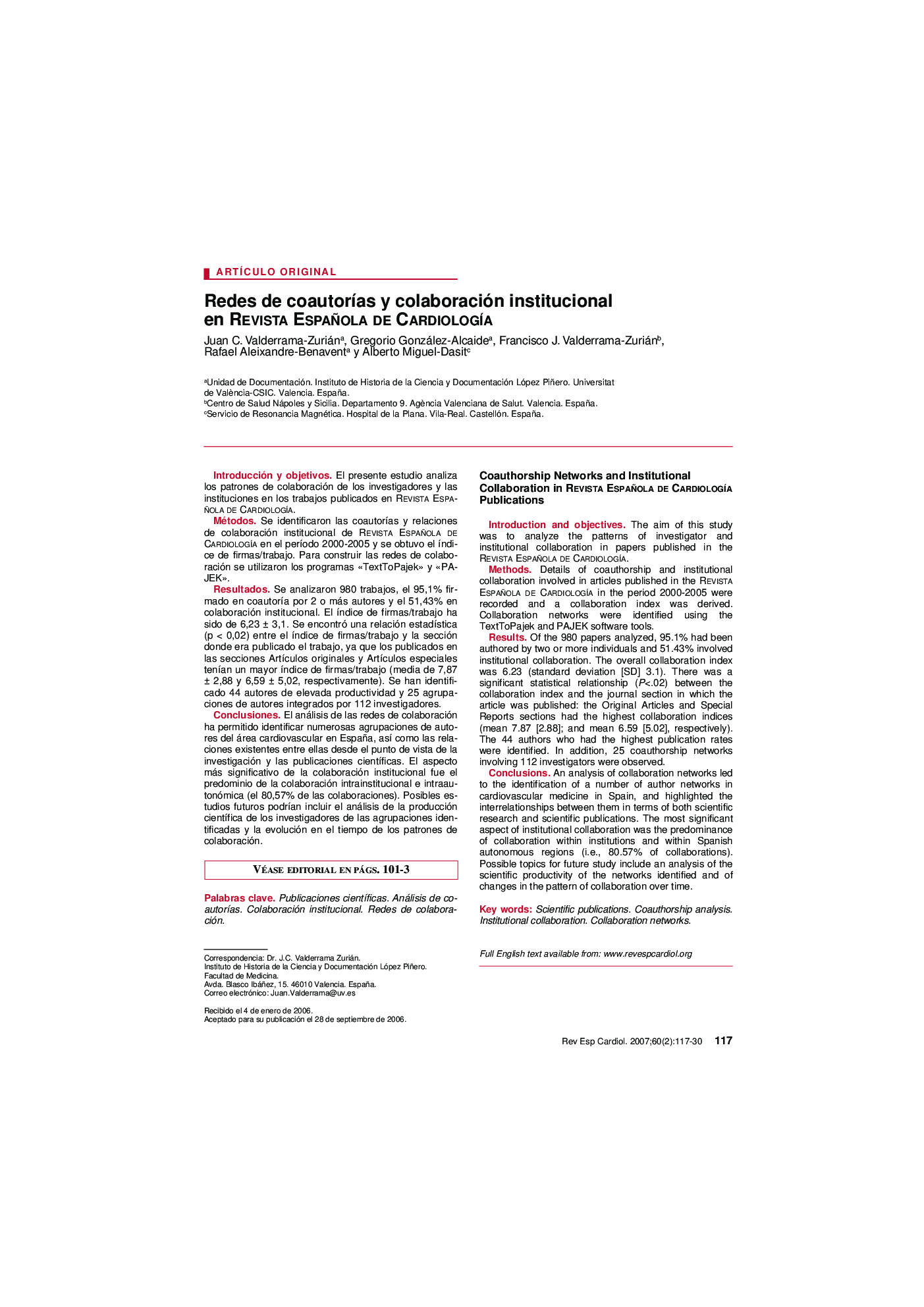 Redes de coautorÃ­as y colaboración institucional en Revista Española de CardiologÃ­a