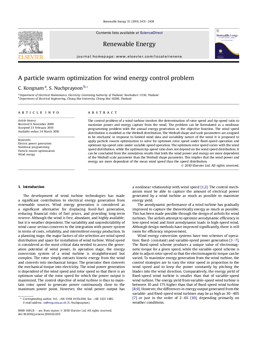 A particle swarm optimization for wind energy control problem