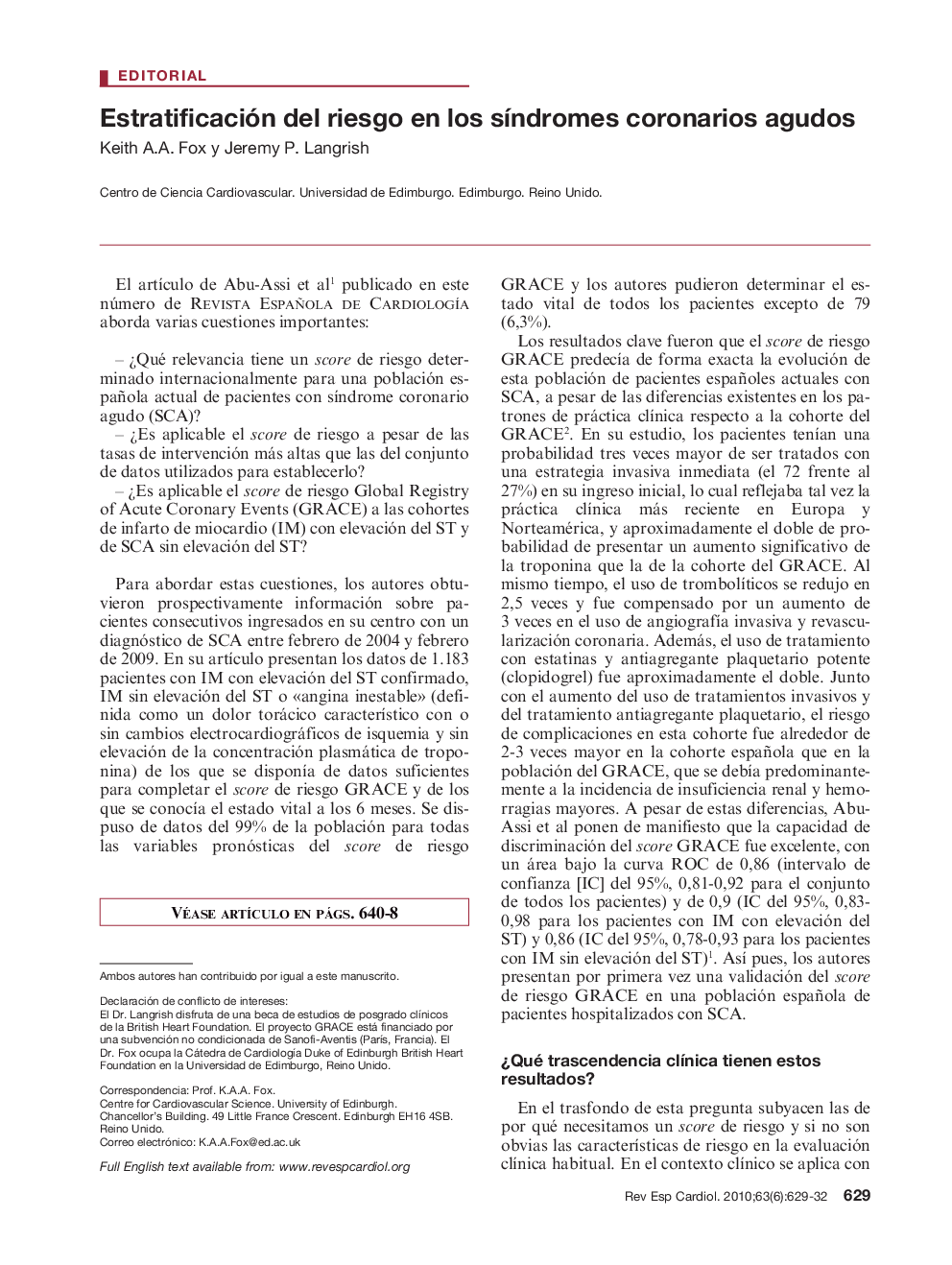 Estratificación del riesgo en los sÃ­ndromes coronarios agudos