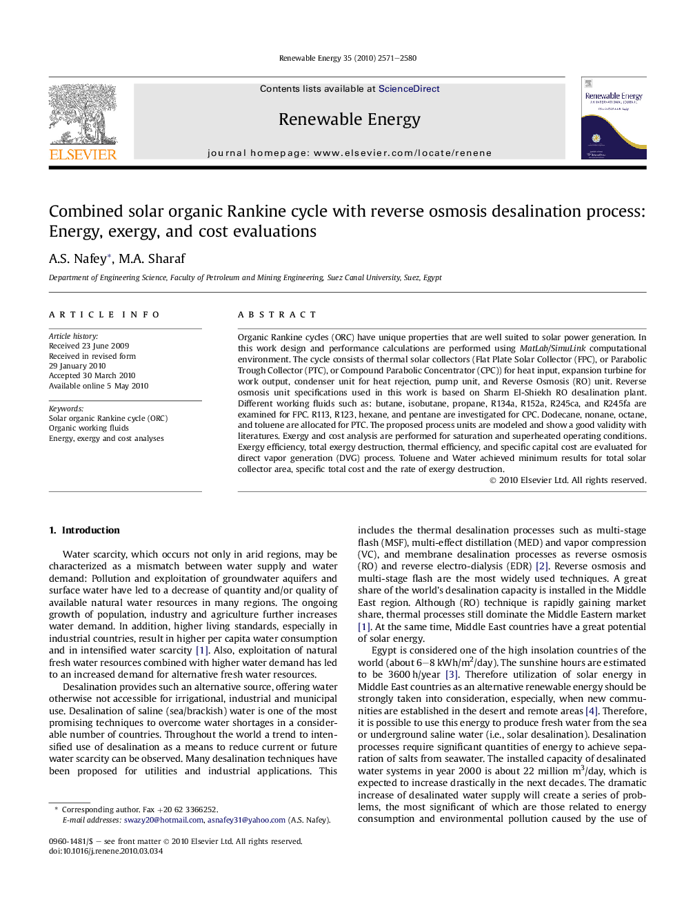 Combined solar organic Rankine cycle with reverse osmosis desalination process: Energy, exergy, and cost evaluations