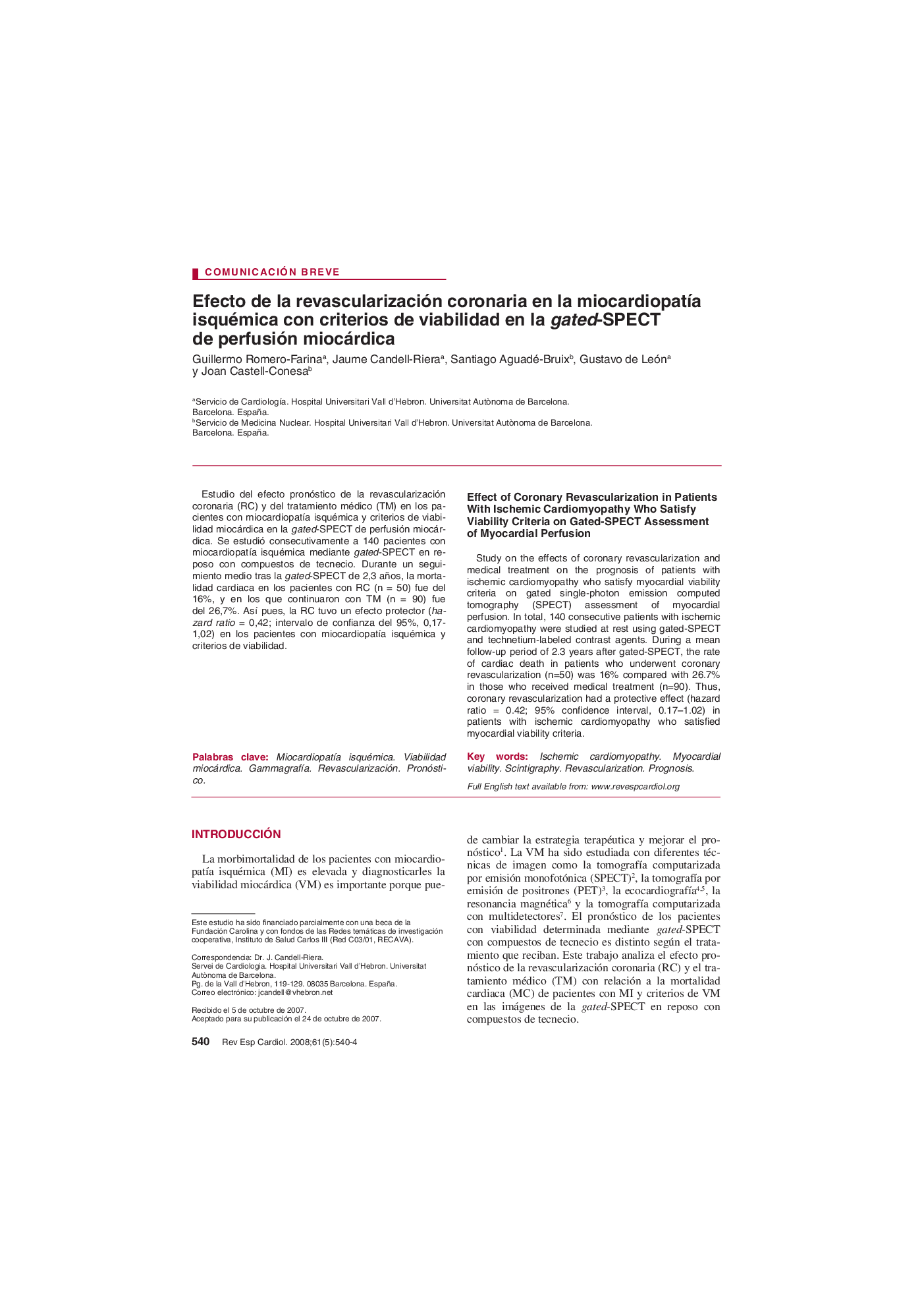 Efecto de la revascularización coronaria en la miocardiopatía isquémica con criterios de viabilidad en la gated-SPECT de perfusión miocárdica 