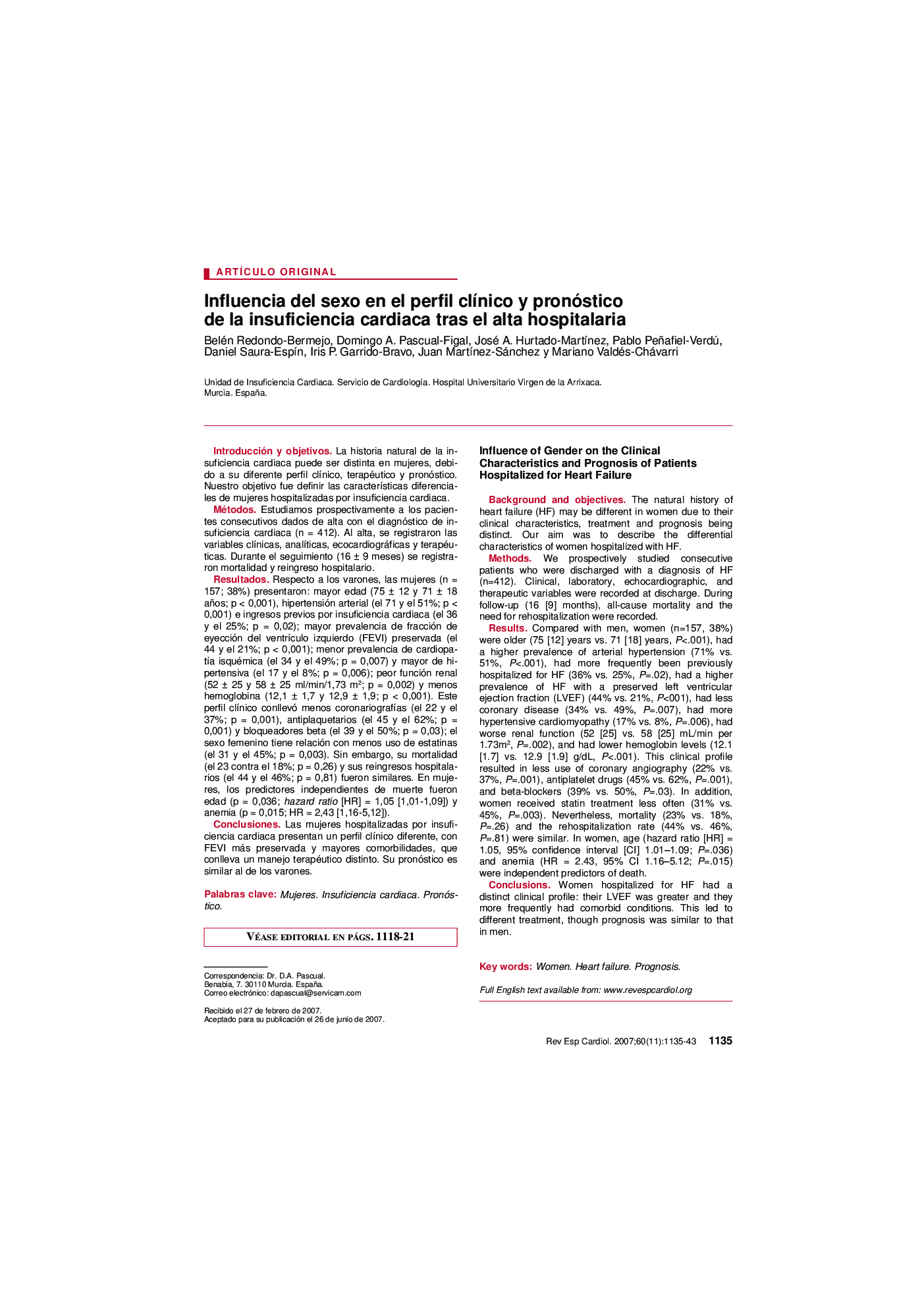 Influencia del sexo en el perfil clÃ­nico y pronóstico de la insuficiencia cardiaca tras el alta hospitalaria