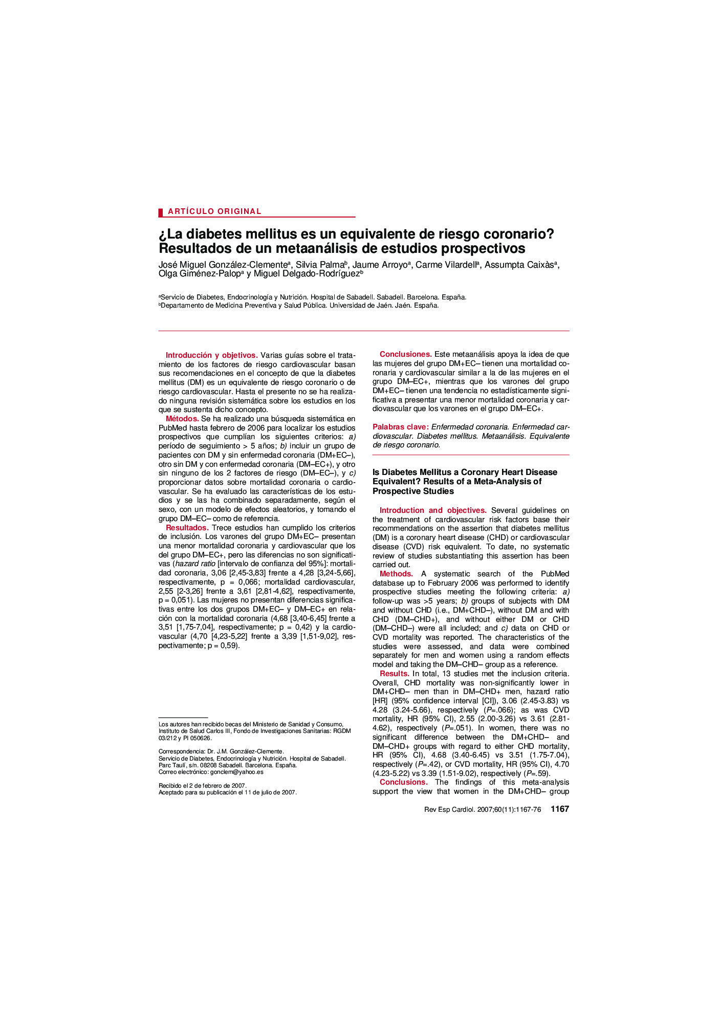 Â¿La diabetes mellitus es un equivalente de riesgo coronario? Resultados de un metaanálisis de estudios prospectivos