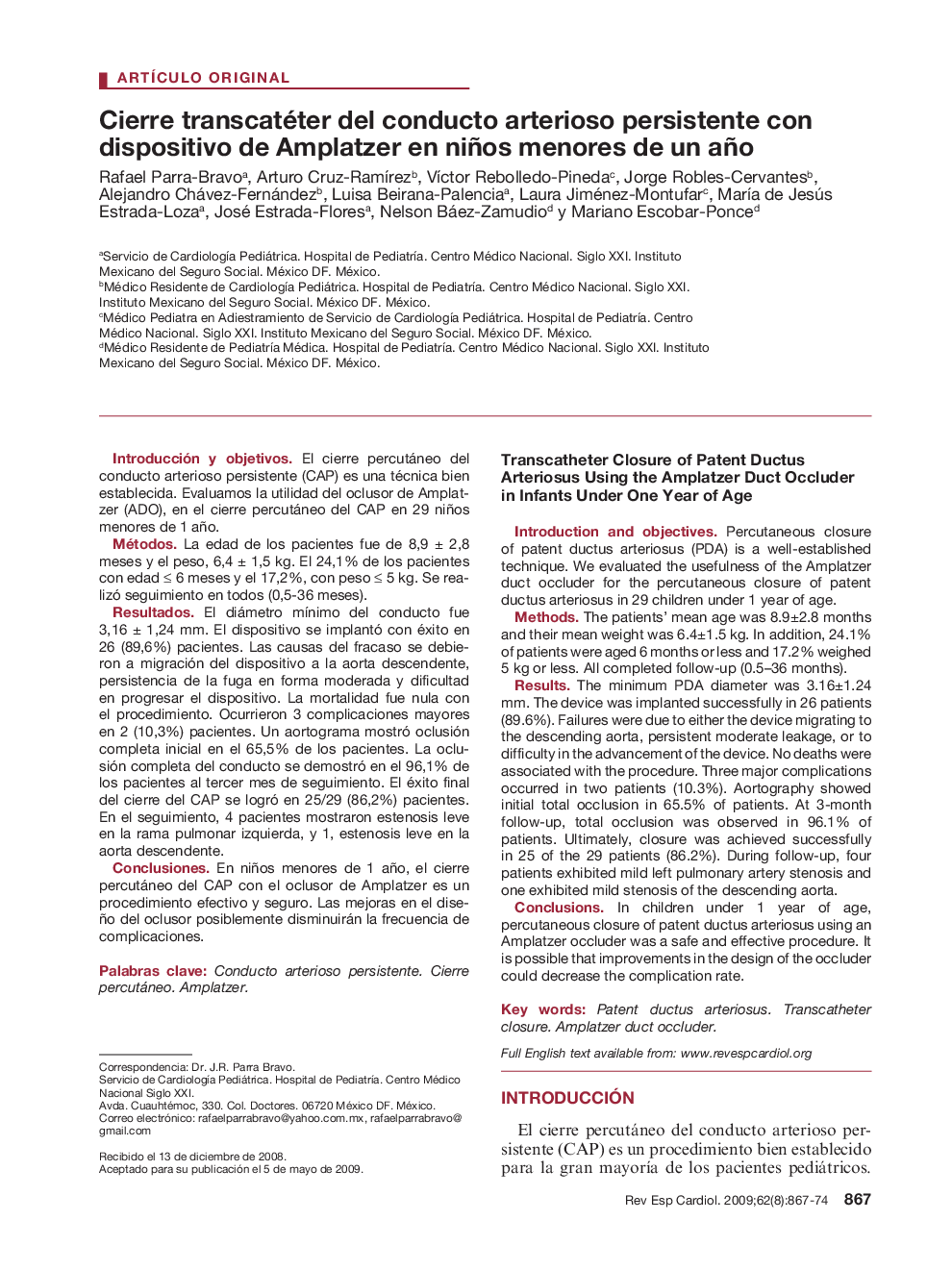 Cierre transcatéter del conducto arterioso persistente con dispositivo de Amplatzer en niños menores de un año