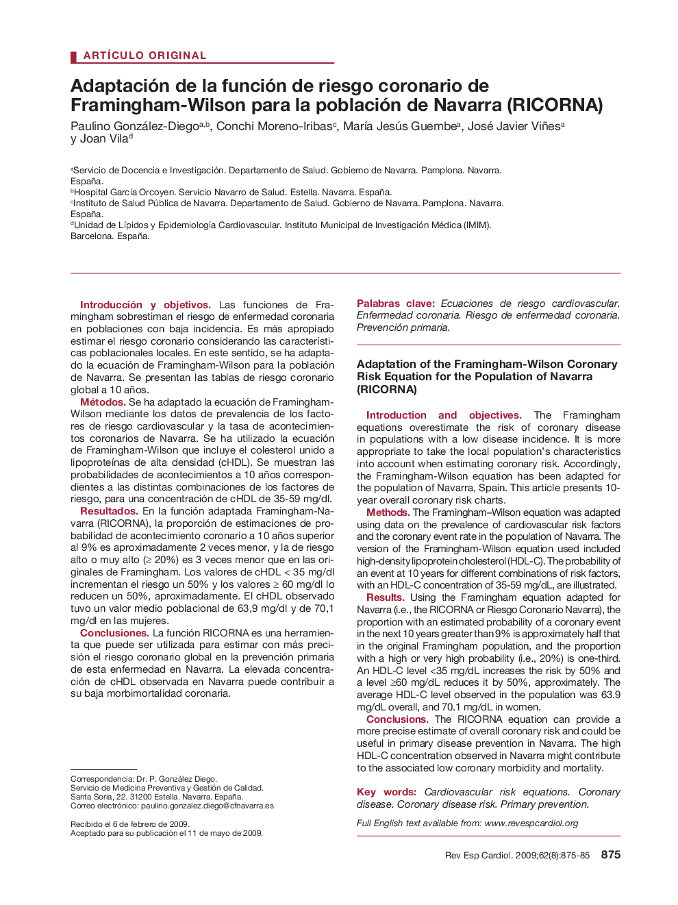 Adaptación de la función de riesgo coronario de Framingham-Wilson para la población de Navarra (RICORNA)