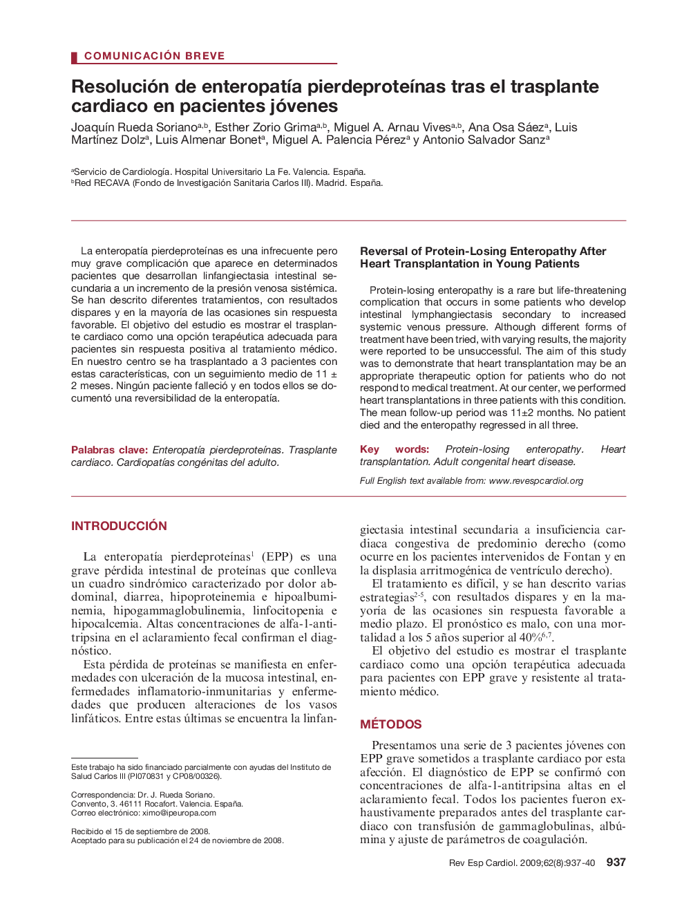 Resolución de enteropatía pierdeproteínas tras el trasplante cardiaco en pacientes jóvenes