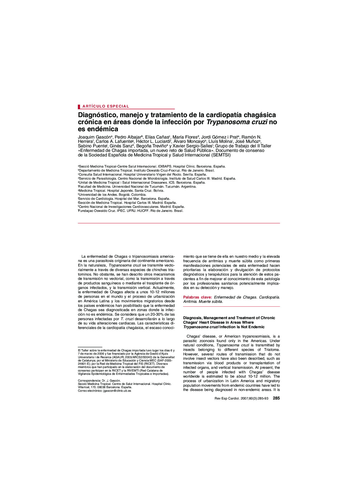 Diagnóstico, manejo y tratamiento de la cardiopatÃ­a chagásica crónica en áreas donde la infección por Trypanosoma cruzi no es endémica