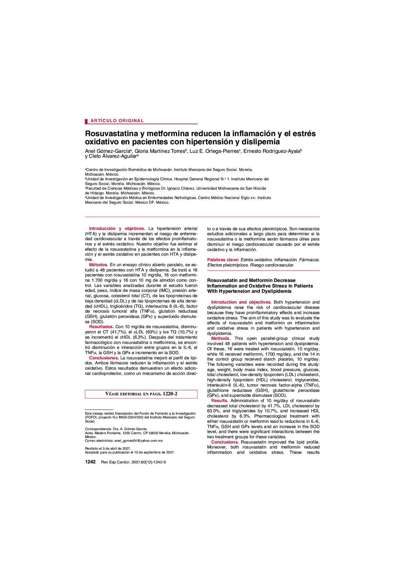 Rosuvastatina y metformina reducen la inflamación y el estrés oxidativo en pacientes con hipertensión y dislipemia
