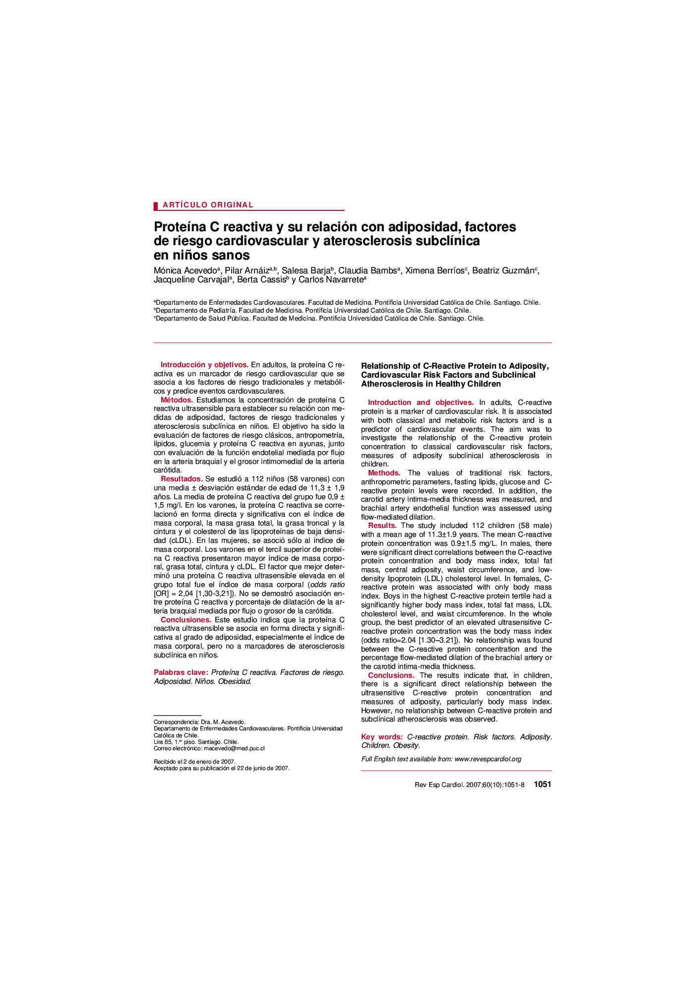 ProteÃ­na C reactiva y su relación con adiposidad, factores de riesgo cardiovascular y aterosclerosis subclÃ­nica en niños sanos