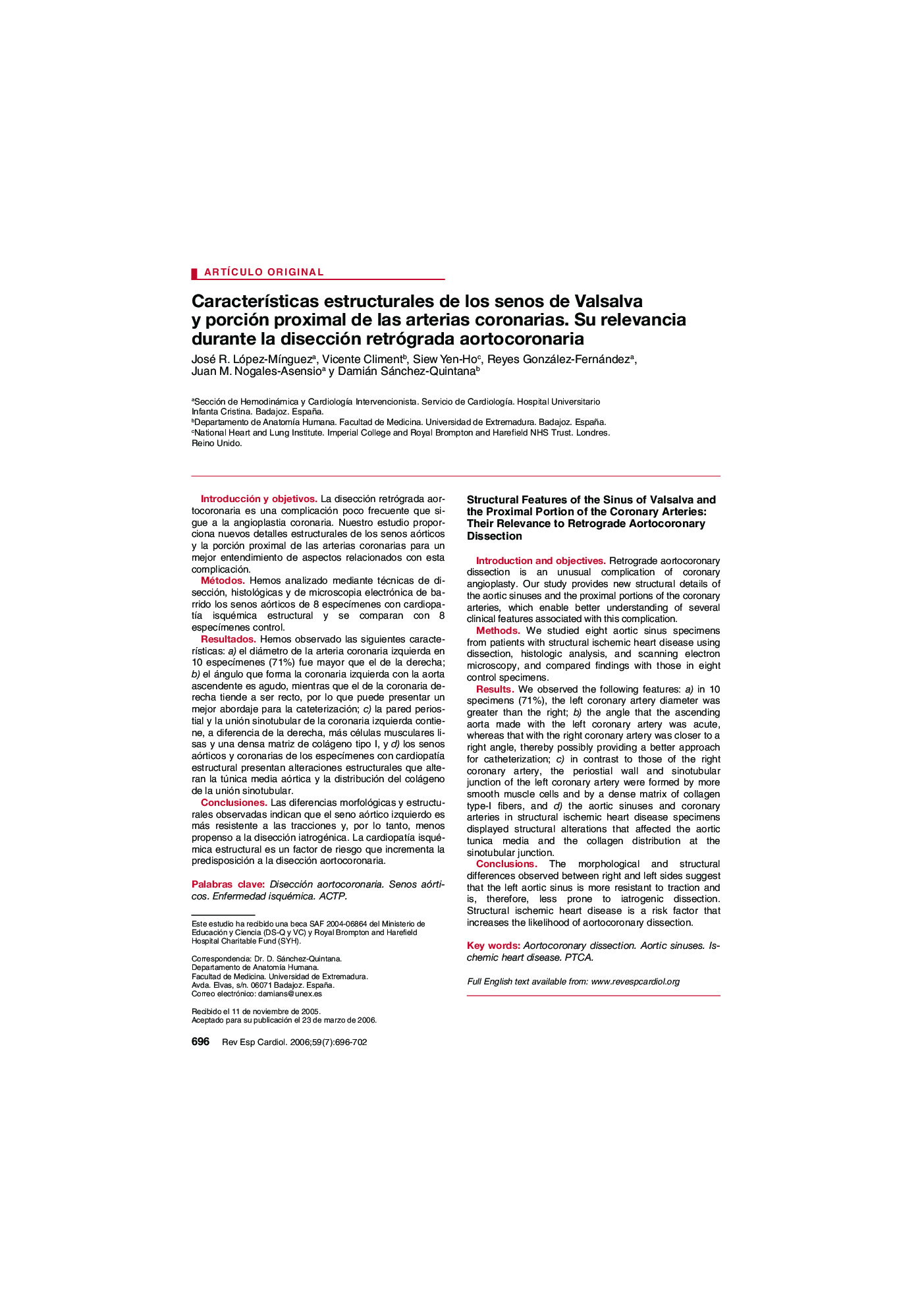 CaracterÃ­sticas estructurales de los senos de Valsalva y porción proximal de las arterias coronarias. Su relevancia durante la disección retrógrada aortocoronaria