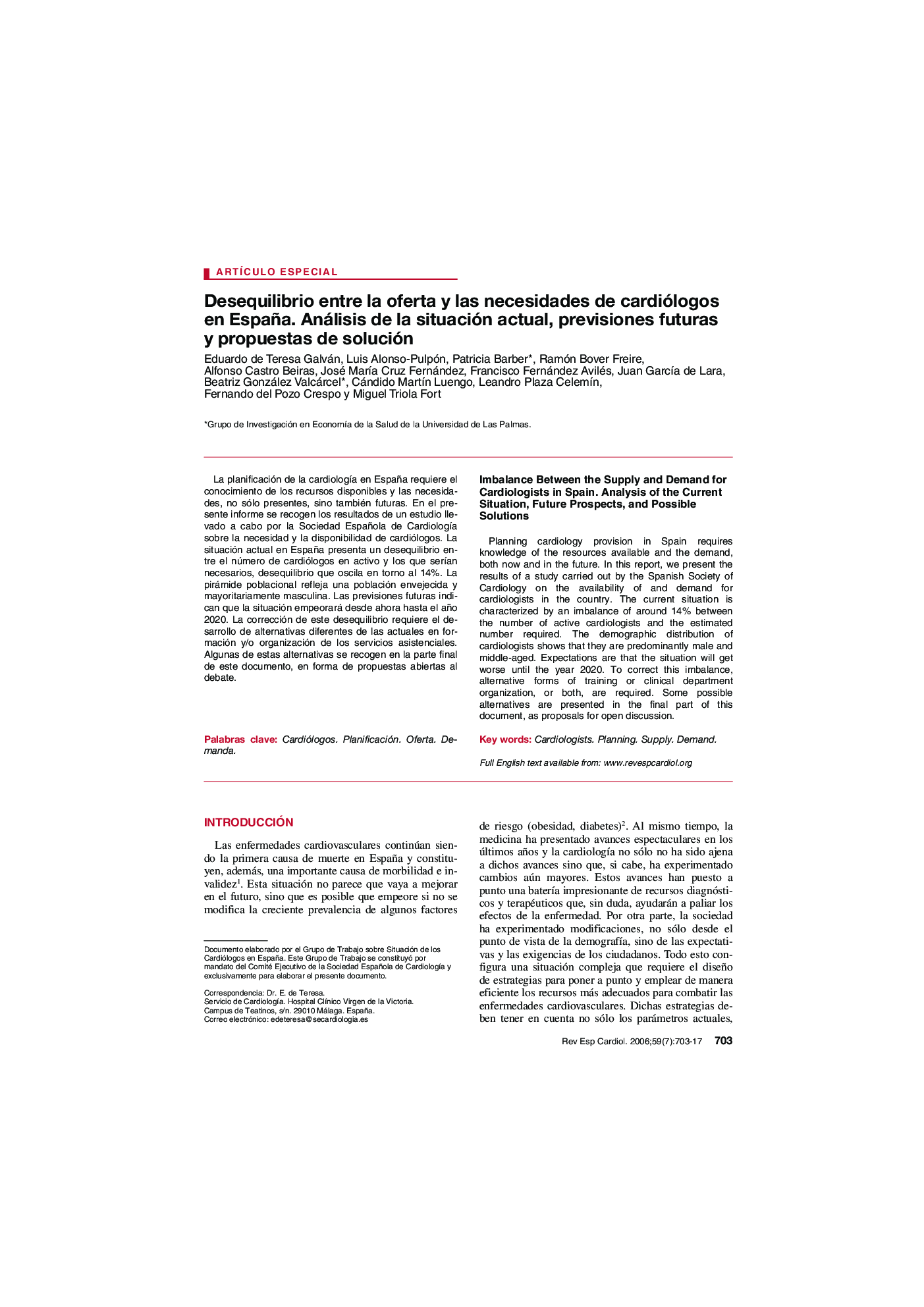Desequilibrio entre la oferta y las necesidades de cardiólogos en España. Análisis de la situación actual, previsiones futuras y propuestas de solución