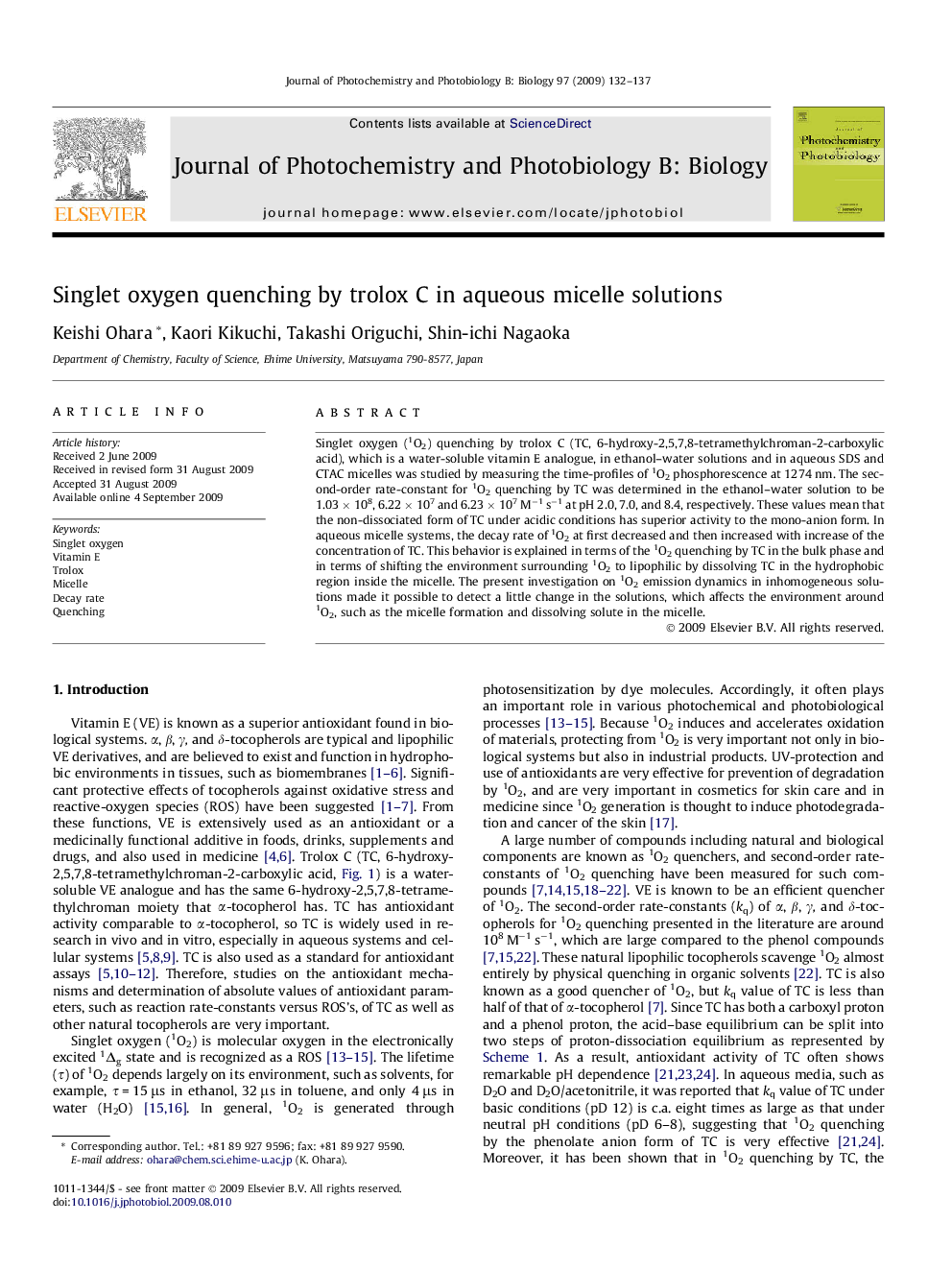 Singlet oxygen quenching by trolox C in aqueous micelle solutions