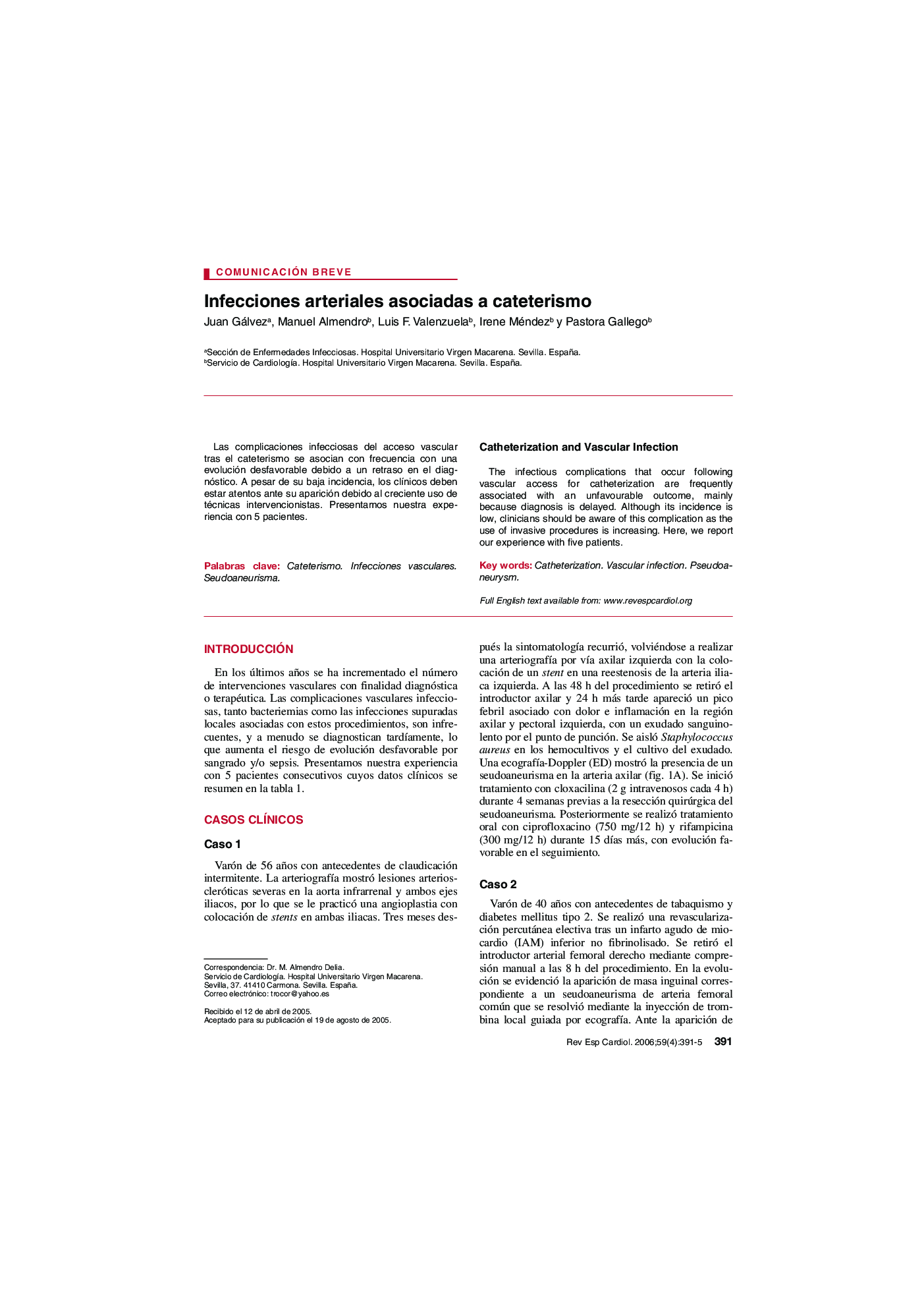 Infecciones arteriales asociadas a cateterismo