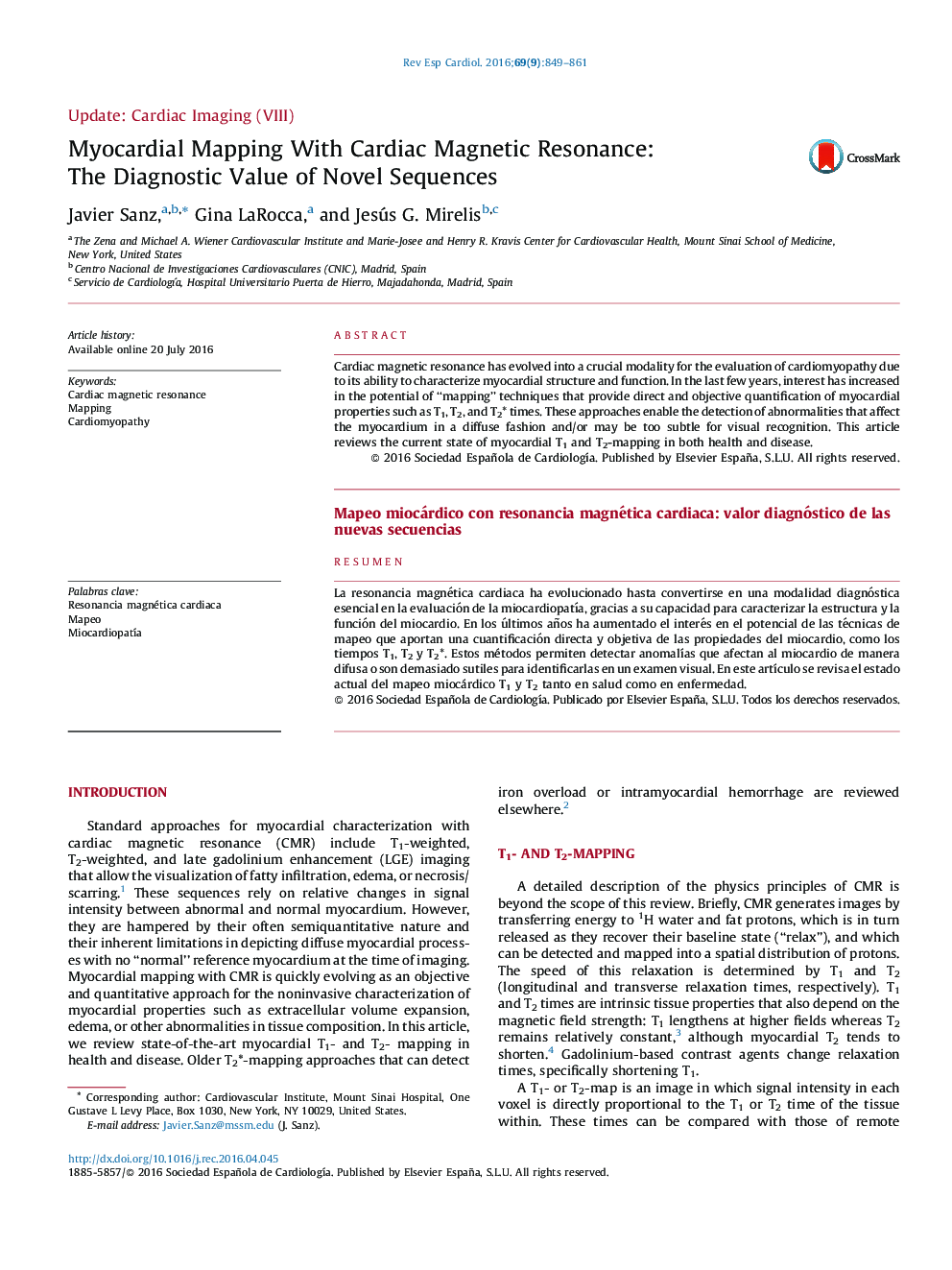 Myocardial Mapping With Cardiac Magnetic Resonance: The Diagnostic Value of Novel Sequences