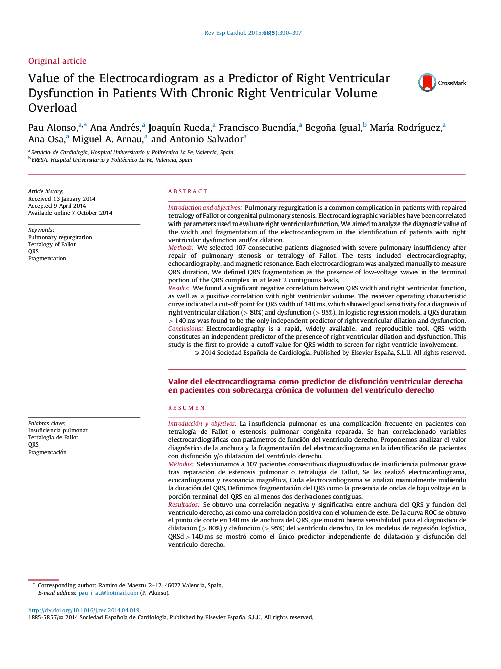 Value of the Electrocardiogram as a Predictor of Right Ventricular Dysfunction in Patients With Chronic Right Ventricular Volume Overload