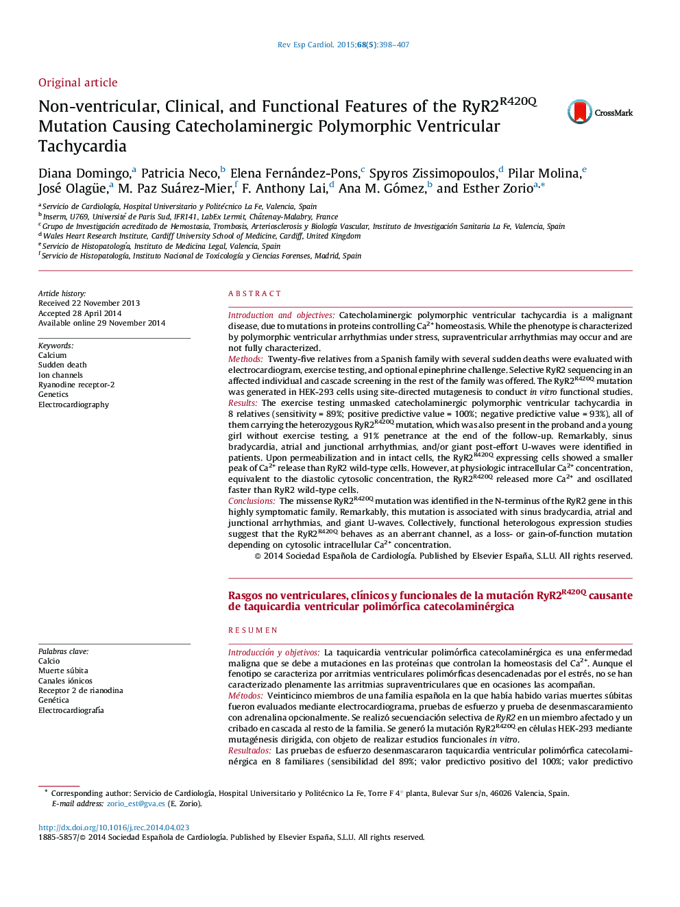 Non-ventricular, Clinical, and Functional Features of the RyR2R420Q Mutation Causing Catecholaminergic Polymorphic Ventricular Tachycardia