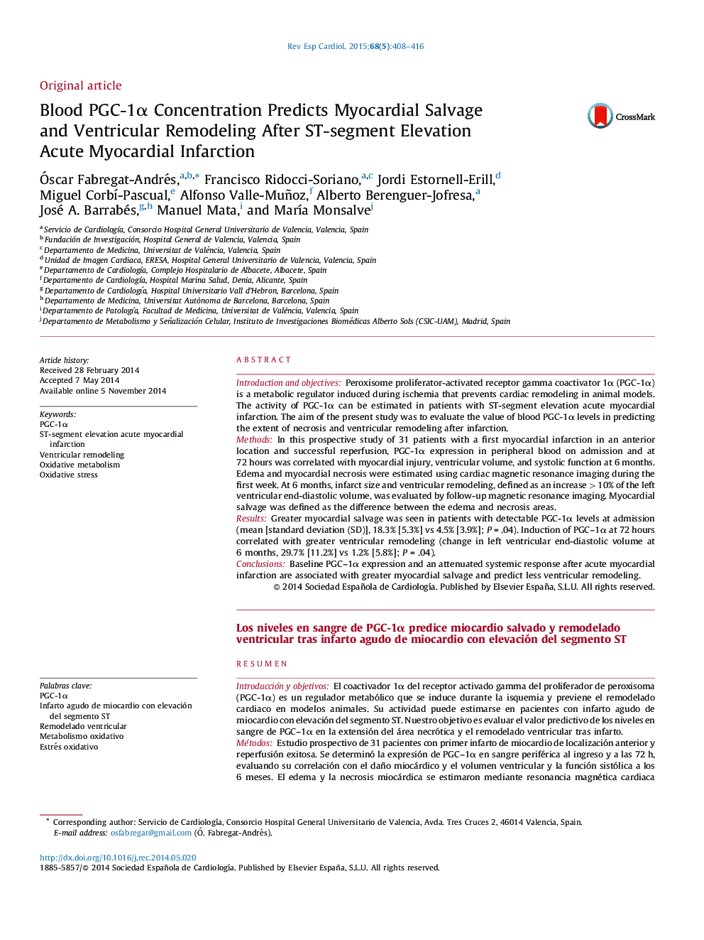 Blood PGC-1α Concentration Predicts Myocardial Salvage and Ventricular Remodeling After ST-segment Elevation Acute Myocardial Infarction