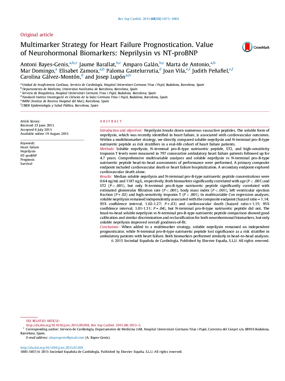 Multimarker Strategy for Heart Failure Prognostication. Value of Neurohormonal Biomarkers: Neprilysin vs NT-proBNP