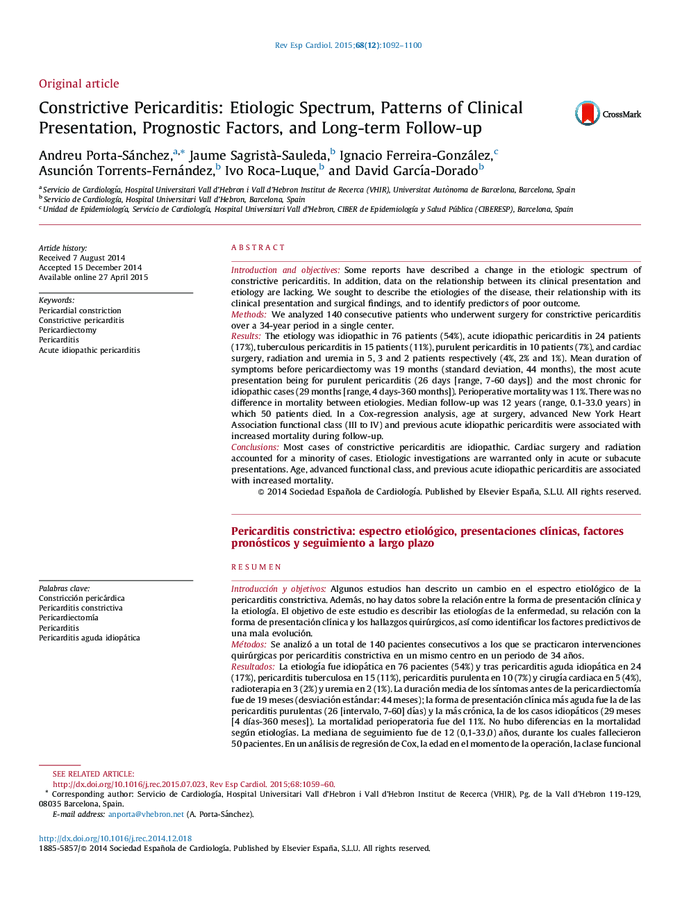 Constrictive Pericarditis: Etiologic Spectrum, Patterns of Clinical Presentation, Prognostic Factors, and Long-term Follow-up