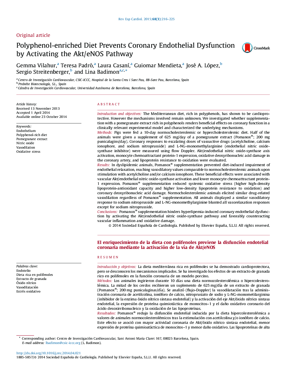 Polyphenol-enriched Diet Prevents Coronary Endothelial Dysfunction by Activating the Akt/eNOS Pathway