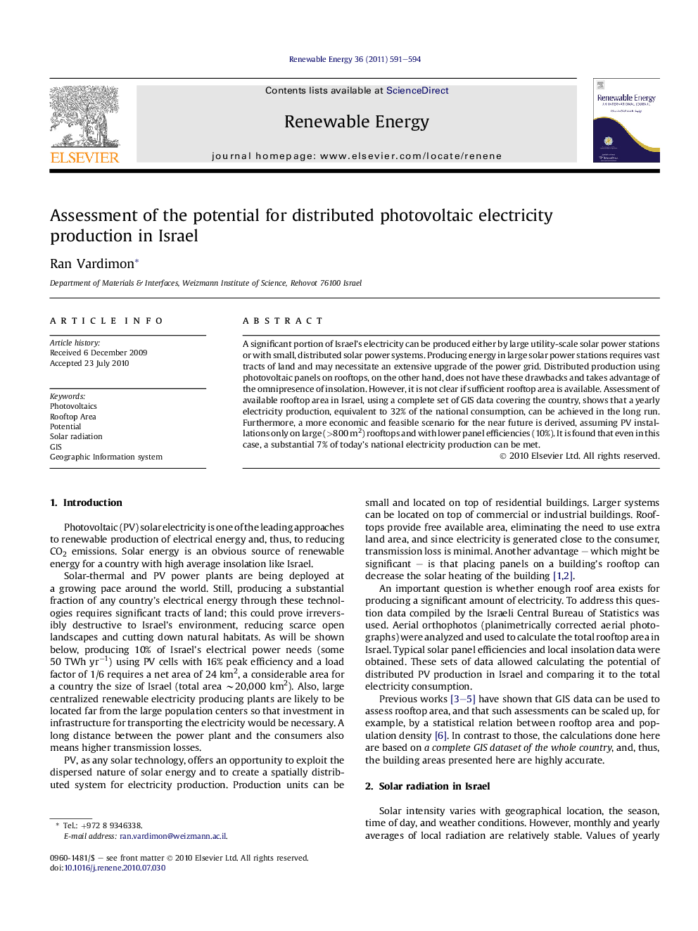 Assessment of the potential for distributed photovoltaic electricity production in Israel