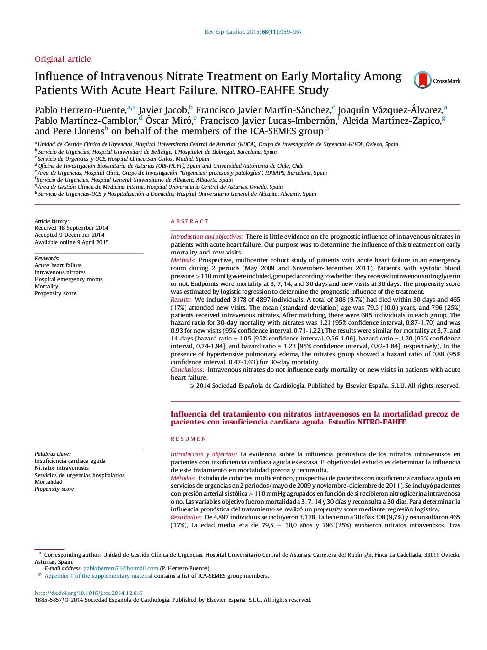 Influence of Intravenous Nitrate Treatment on Early Mortality Among Patients With Acute Heart Failure. NITRO-EAHFE Study