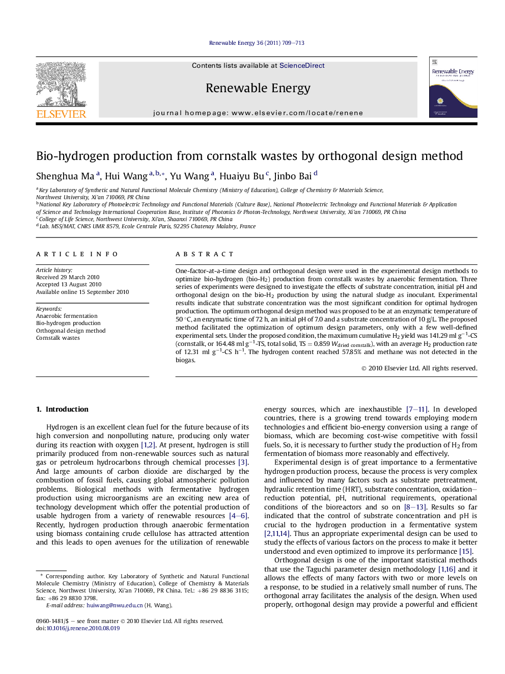 Bio-hydrogen production from cornstalk wastes by orthogonal design method