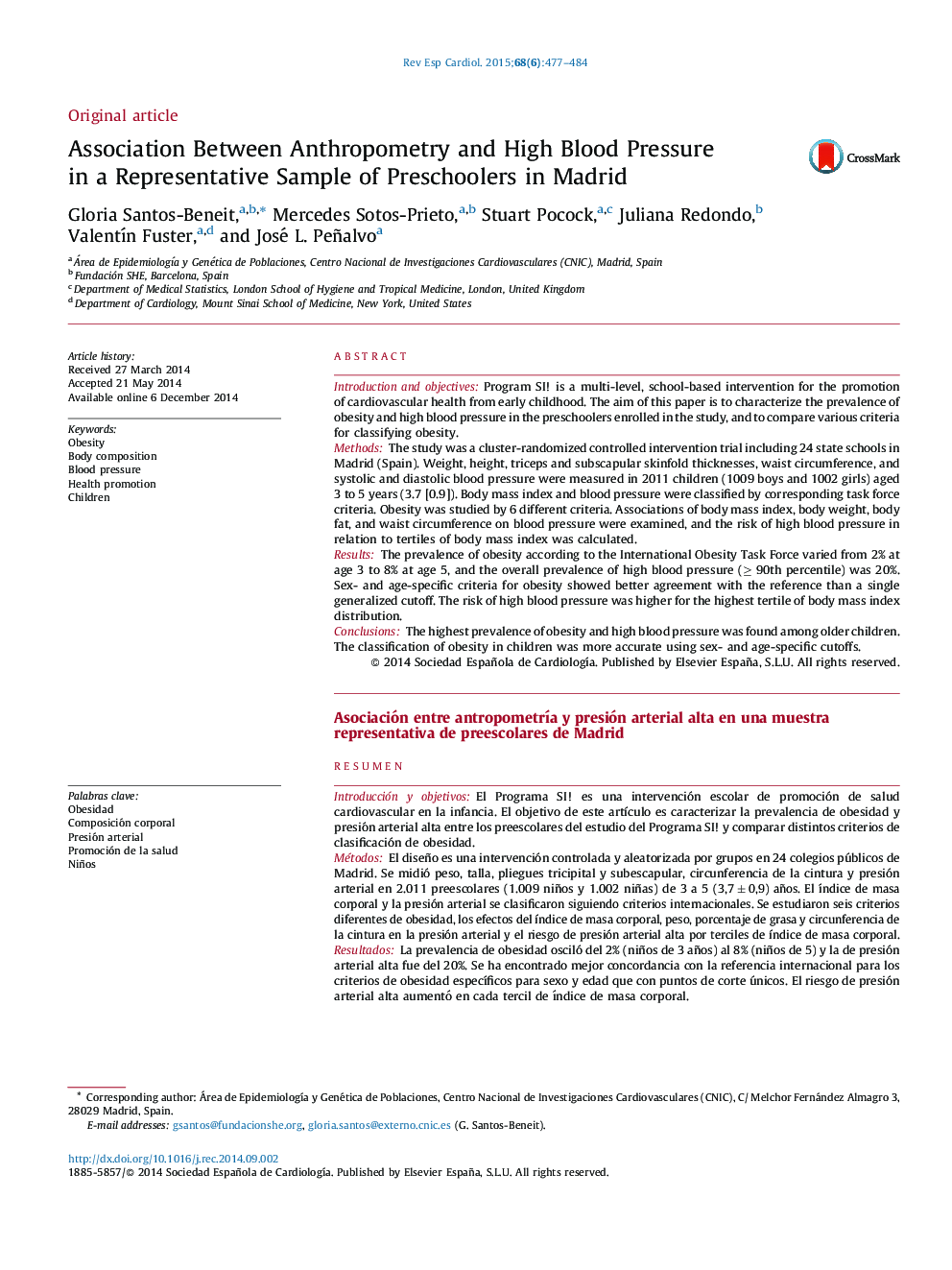 Association Between Anthropometry and High Blood Pressure in a Representative Sample of Preschoolers in Madrid