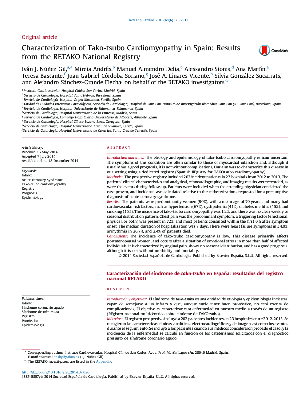 Characterization of Tako-tsubo Cardiomyopathy in Spain: Results from the RETAKO National Registry