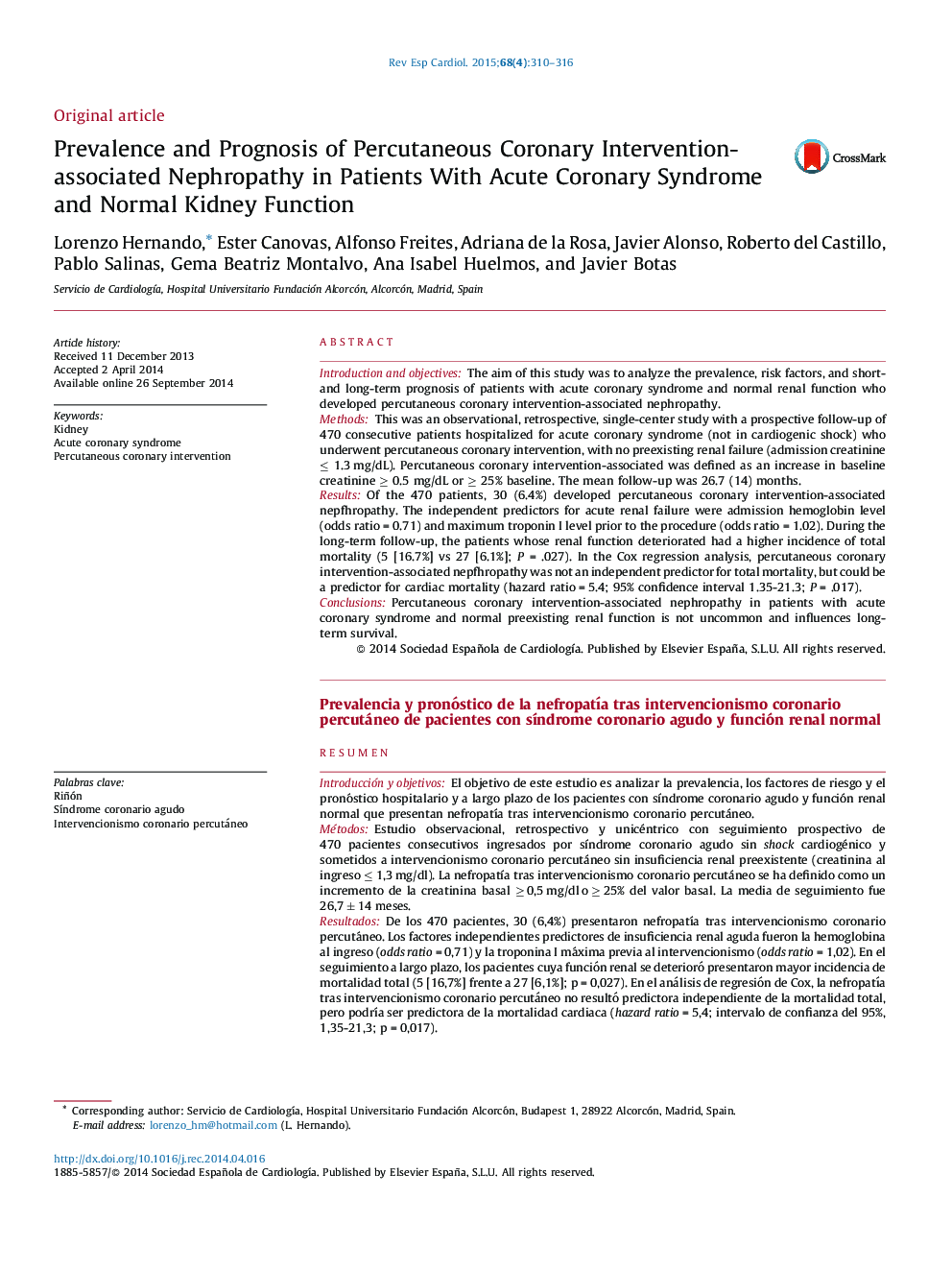 Prevalence and Prognosis of Percutaneous Coronary Intervention-associated Nephropathy in Patients With Acute Coronary Syndrome and Normal Kidney Function
