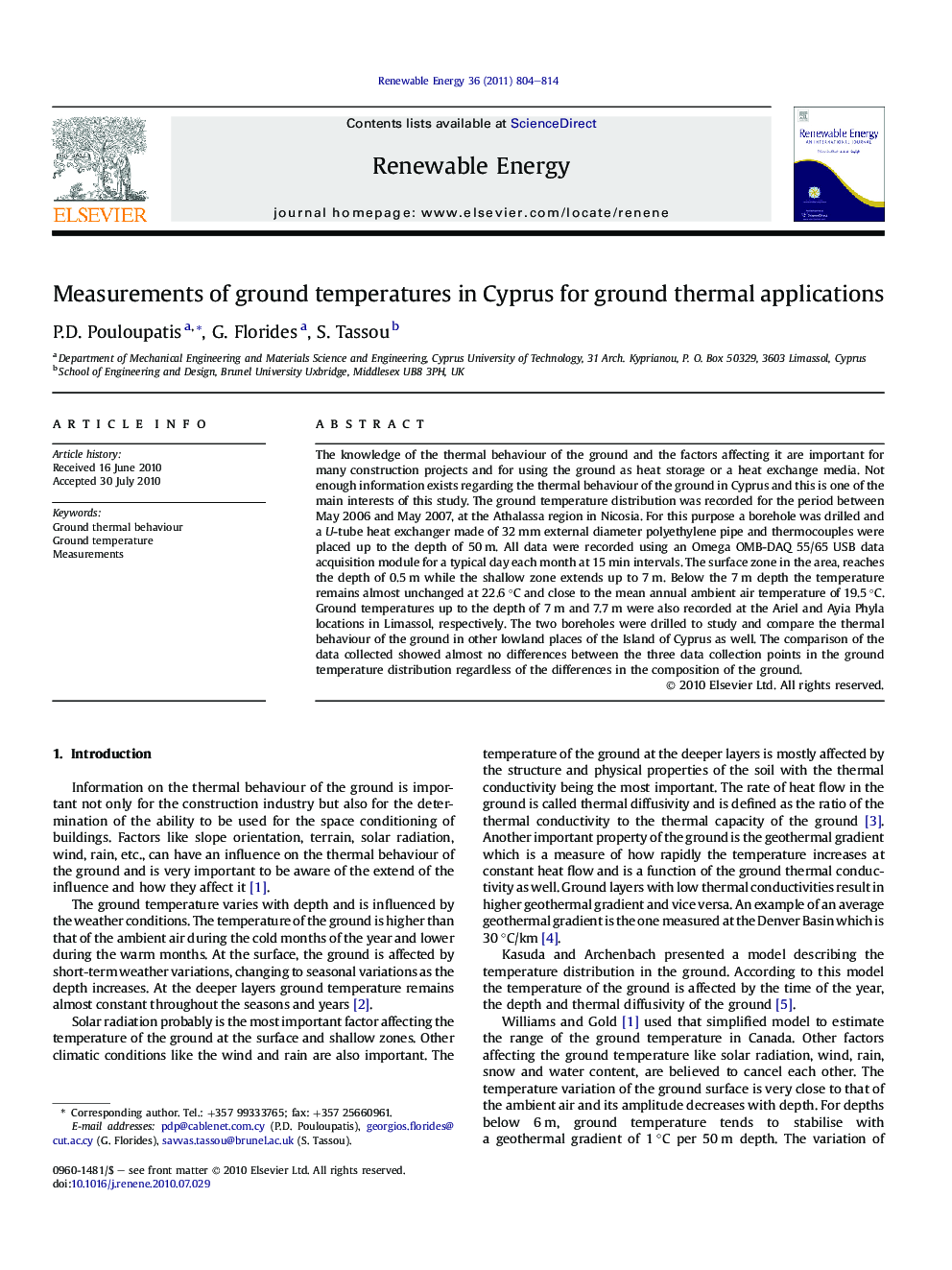 Measurements of ground temperatures in Cyprus for ground thermal applications