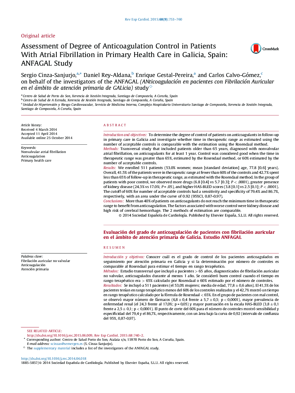 Assessment of Degree of Anticoagulation Control in Patients With Atrial Fibrillation in Primary Health Care in Galicia, Spain: ANFAGAL Study