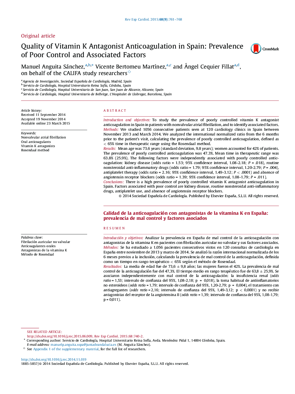 Quality of Vitamin K Antagonist Anticoagulation in Spain: Prevalence of Poor Control and Associated Factors