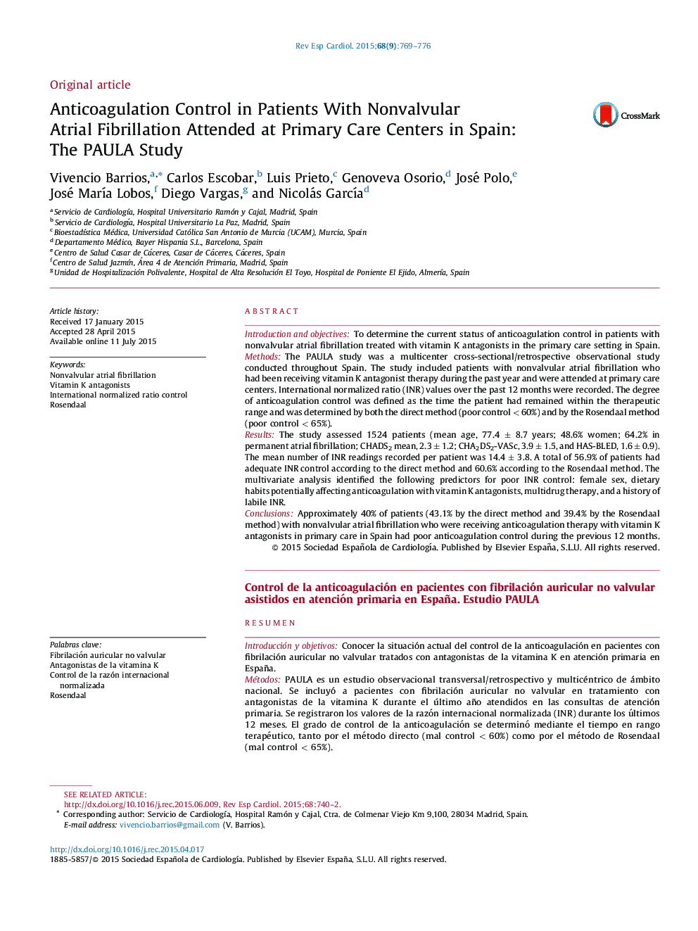 Anticoagulation Control in Patients With Nonvalvular Atrial Fibrillation Attended at Primary Care Centers in Spain: The PAULA Study