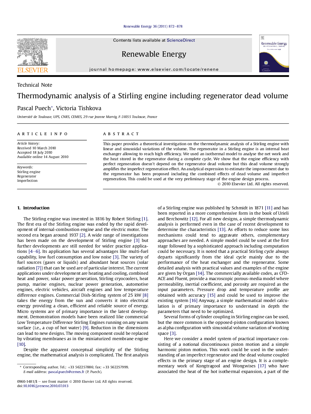 Thermodynamic analysis of a Stirling engine including regenerator dead volume