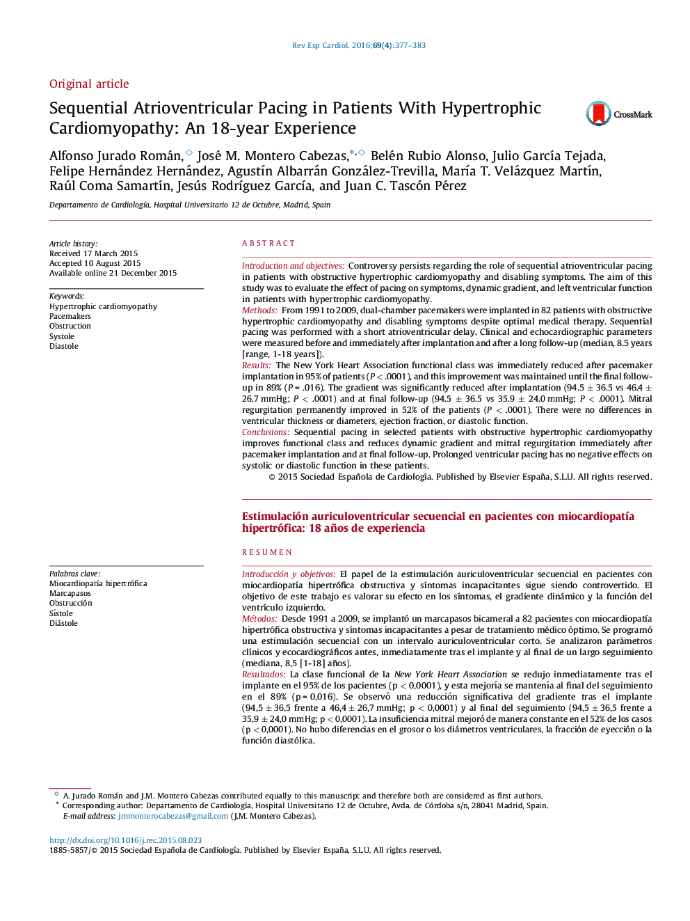 Sequential Atrioventricular Pacing in Patients With Hypertrophic Cardiomyopathy: An 18-year Experience