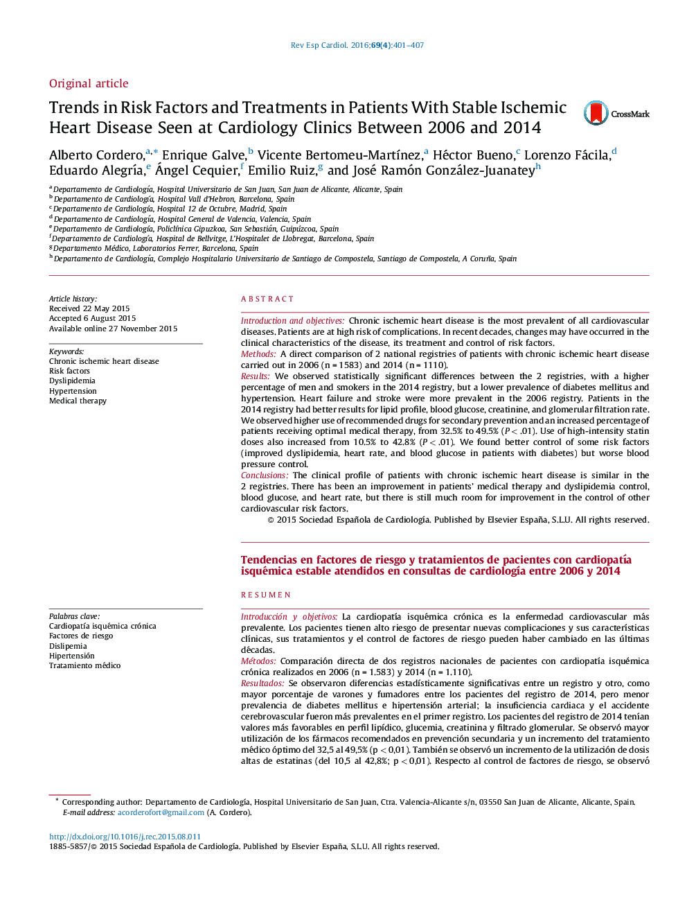 Trends in Risk Factors and Treatments in Patients With Stable Ischemic Heart Disease Seen at Cardiology Clinics Between 2006 and 2014