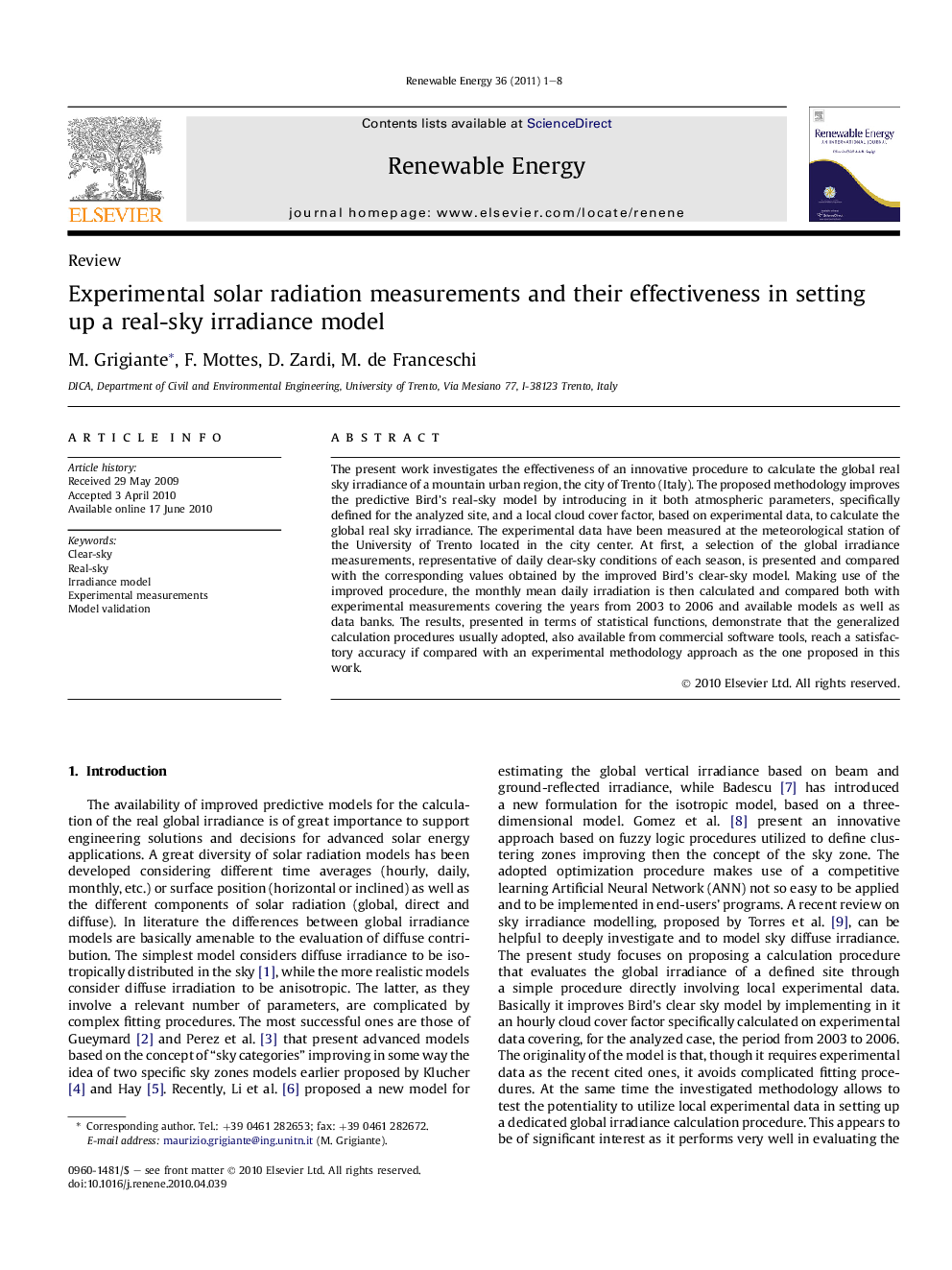 Experimental solar radiation measurements and their effectiveness in setting up a real-sky irradiance model