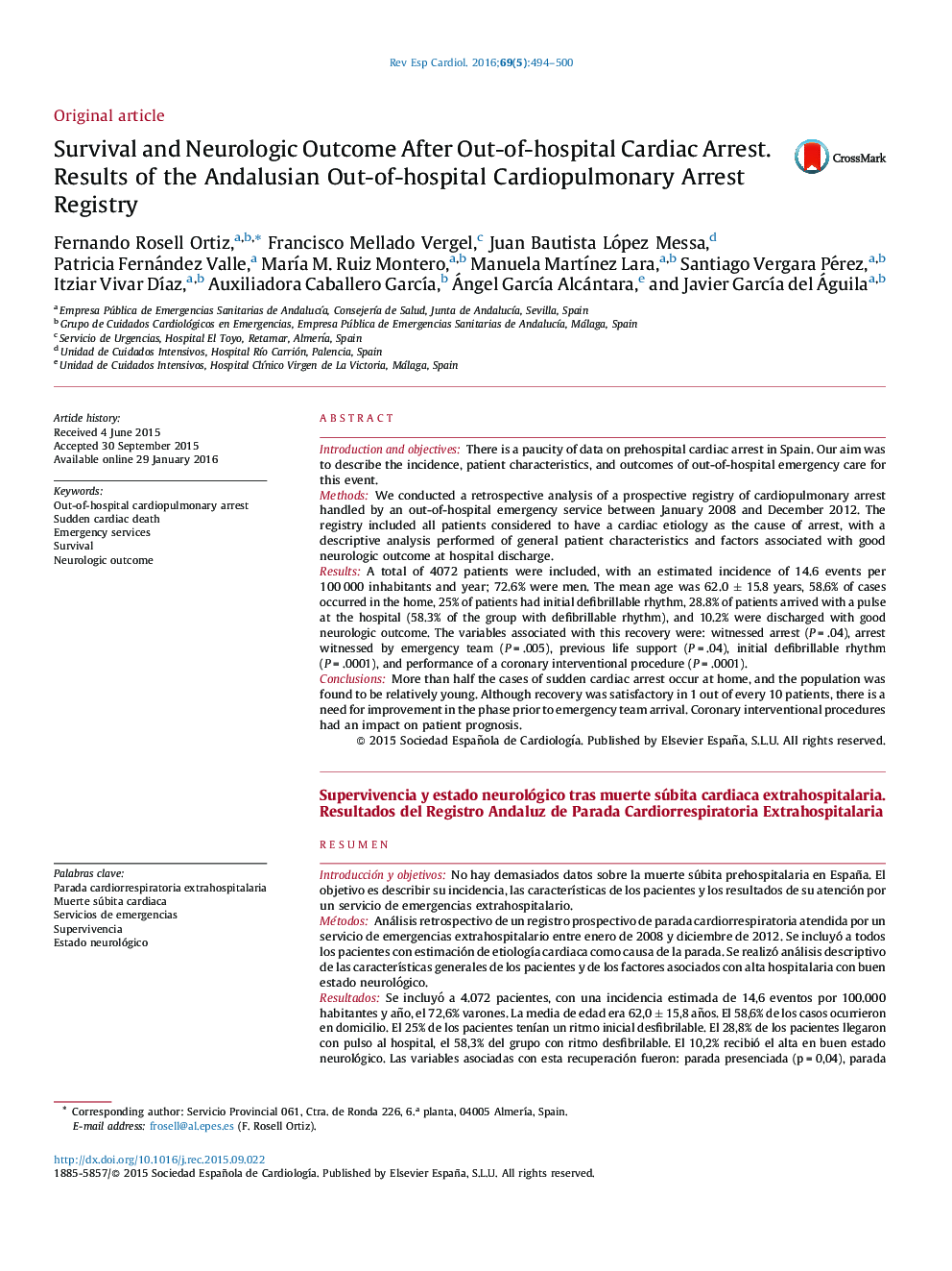 Survival and Neurologic Outcome After Out-of-hospital Cardiac Arrest. Results of the Andalusian Out-of-hospital Cardiopulmonary Arrest Registry