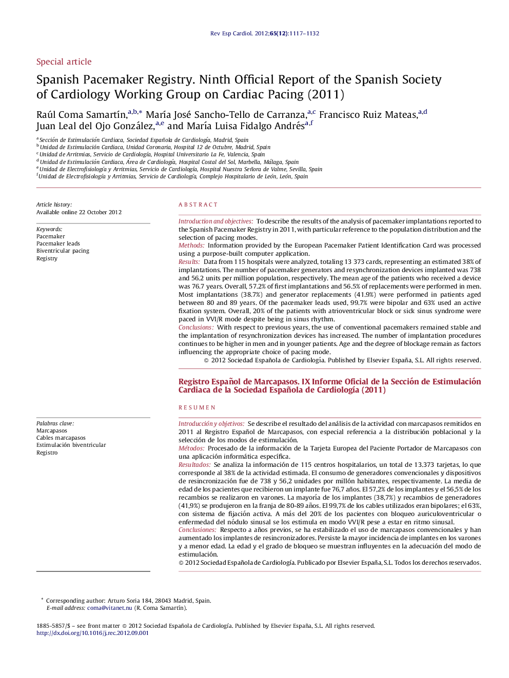 Spanish Pacemaker Registry. Ninth Official Report of the Spanish Society of Cardiology Working Group on Cardiac Pacing (2011)