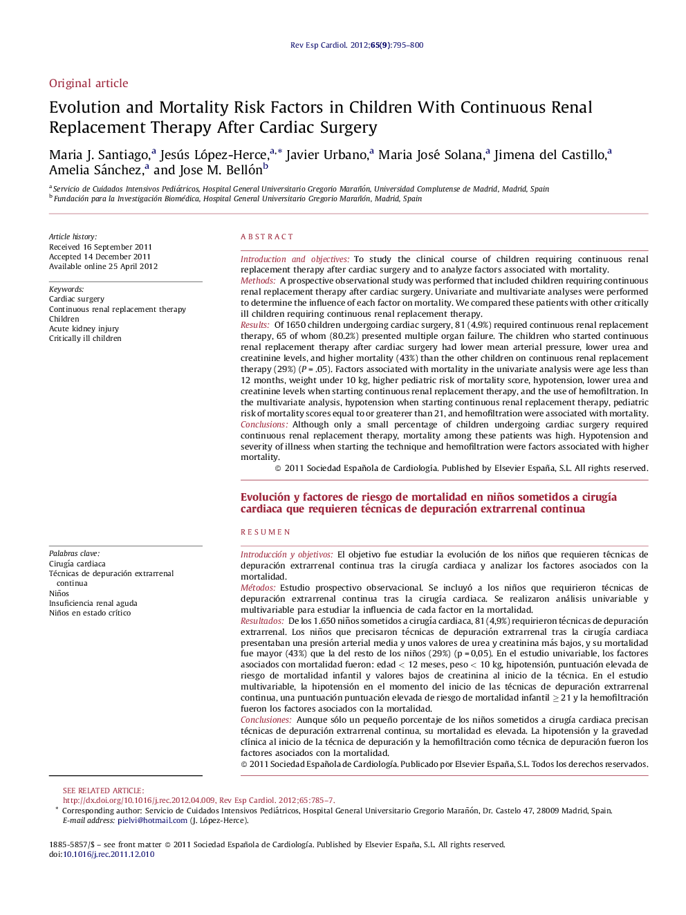 Evolution and Mortality Risk Factors in Children With Continuous Renal Replacement Therapy After Cardiac Surgery