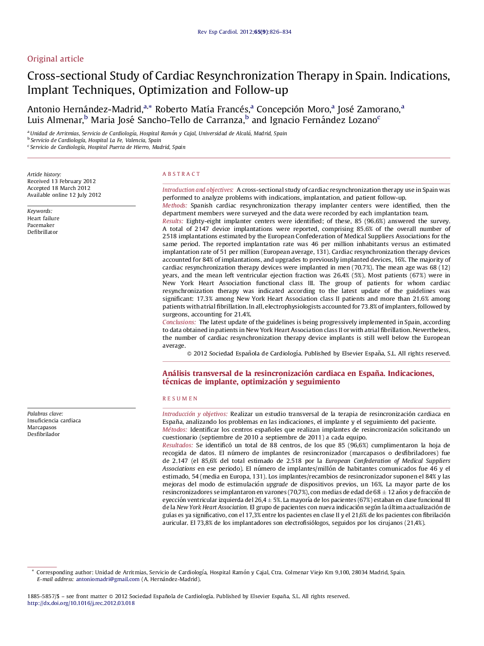 Cross-sectional Study of Cardiac Resynchronization Therapy in Spain. Indications, Implant Techniques, Optimization and Follow-up