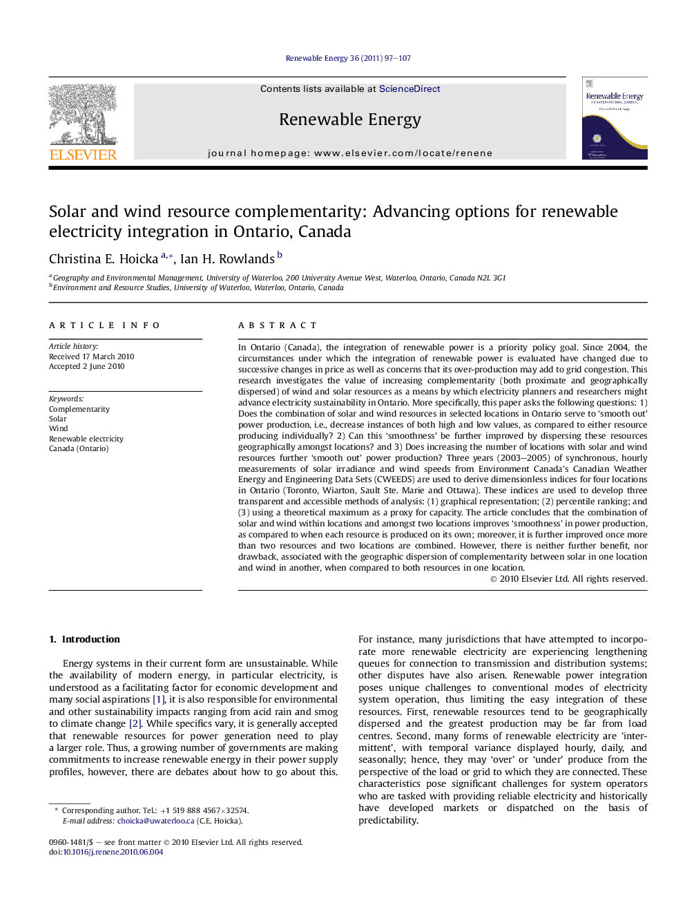 عکس صفحه اول مقاله: Solar and wind resource complementarity: Advancing options for renewable electricity integration in Ontario, Canada Solar and wind resource complementarity: Advancing options for renewable electricity integration in Ontario, Canada