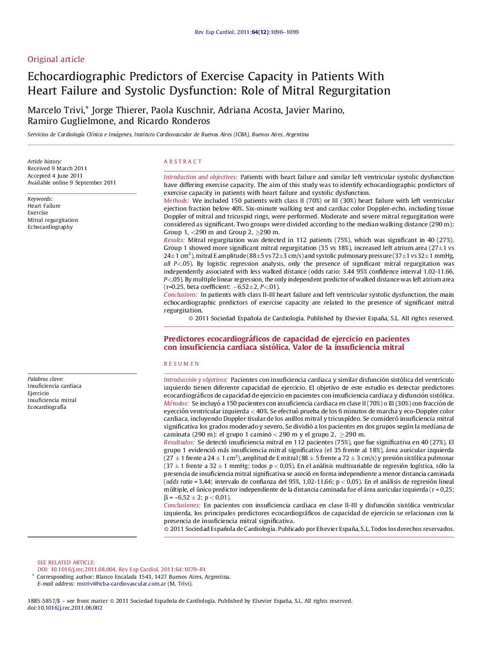 Echocardiographic Predictors of Exercise Capacity in Patients With Heart Failure and Systolic Dysfunction: Role of Mitral Regurgitation