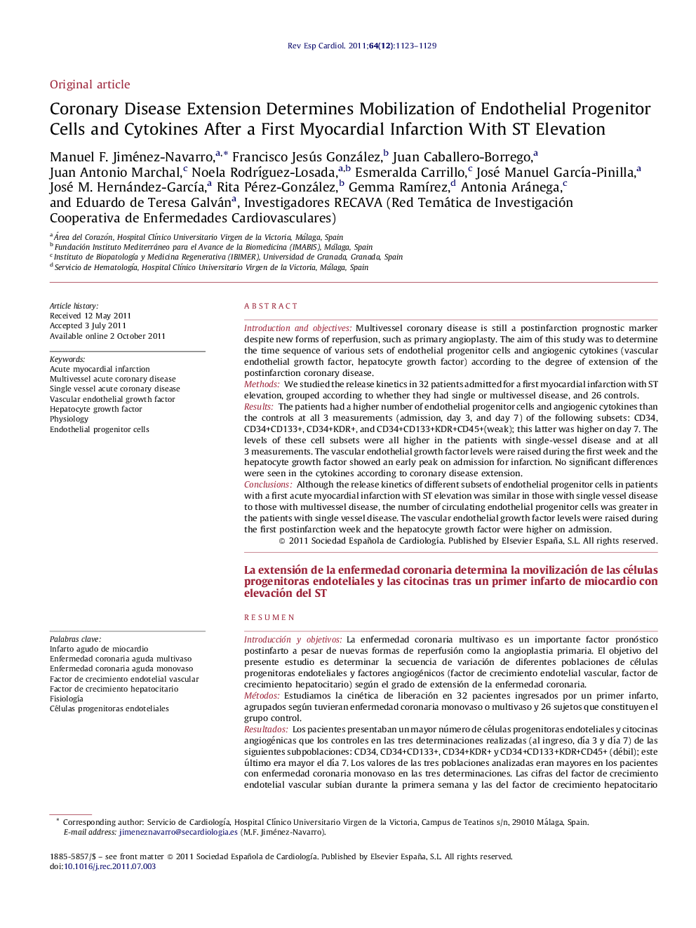 Coronary Disease Extension Determines Mobilization of Endothelial Progenitor Cells and Cytokines After a First Myocardial Infarction With ST Elevation